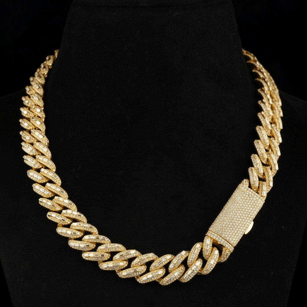 18mm 3D Baguette Moissanite Miami Cuban Link Chain – Solid 925 Silver (69.7ct)