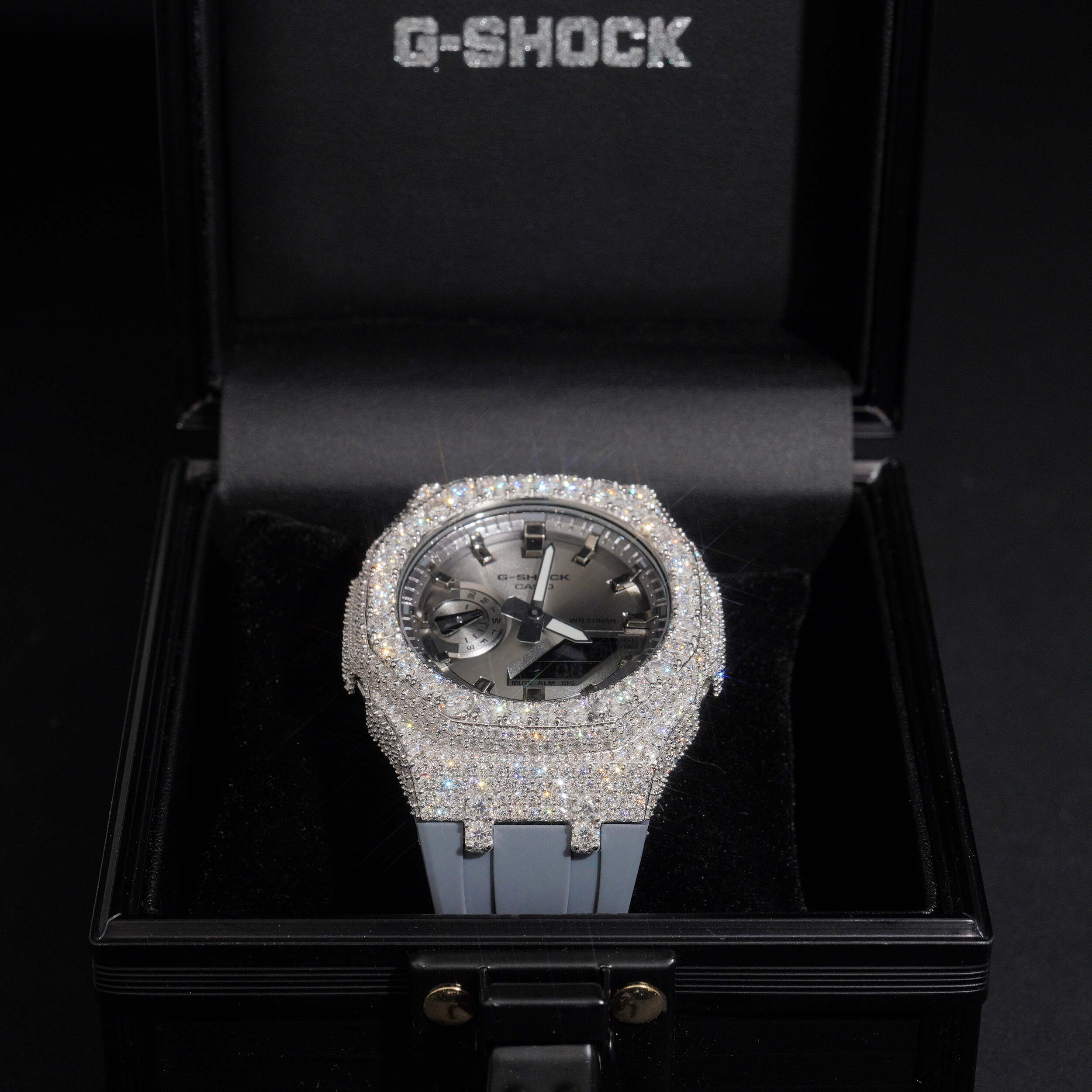 Moissanite Diamond G Shock Watch GA2100 Gray Band close-up - The Real Jewelry Company