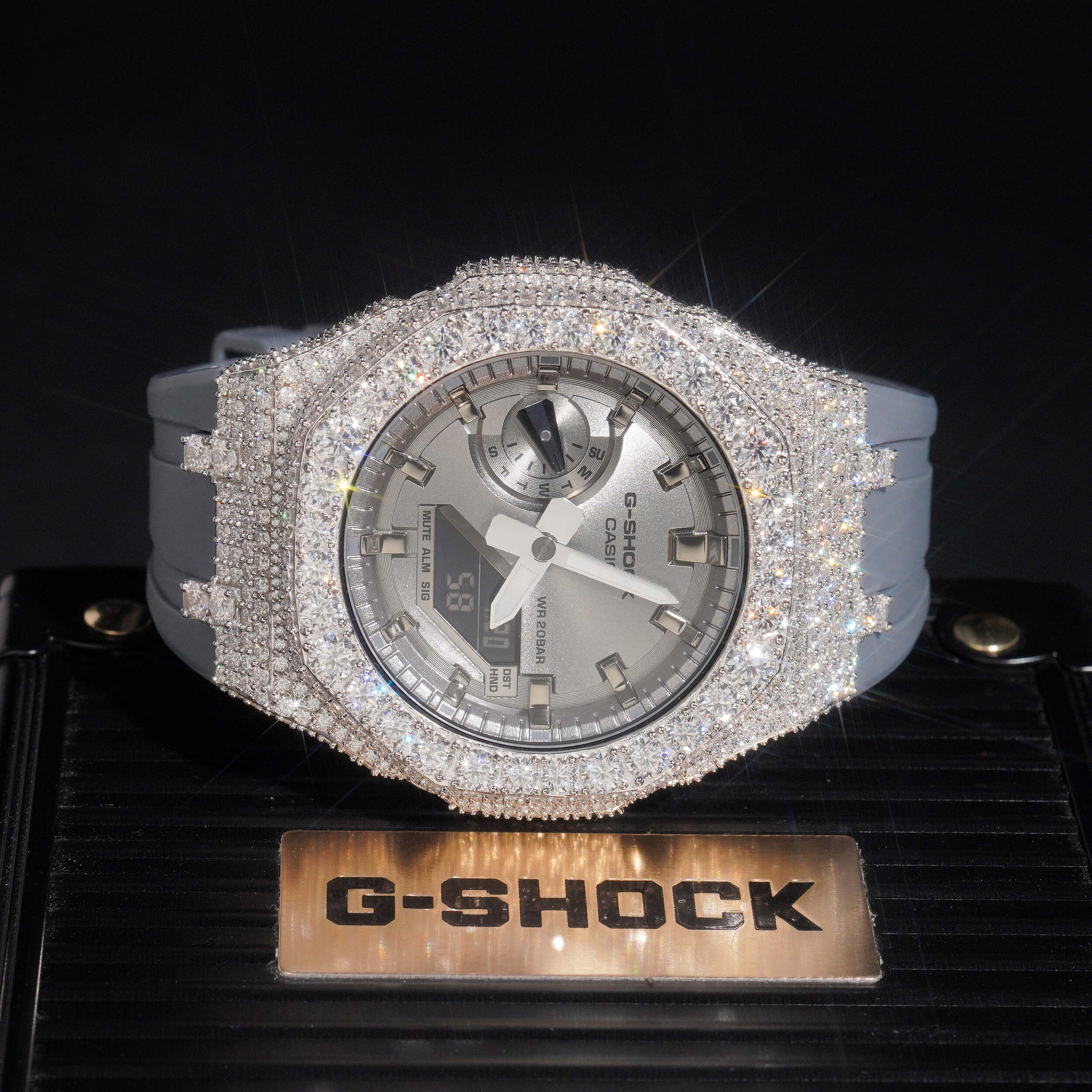 Moissanite Diamond G Shock Watch GA2100 Gray Band side view - The Real Jewelry Company