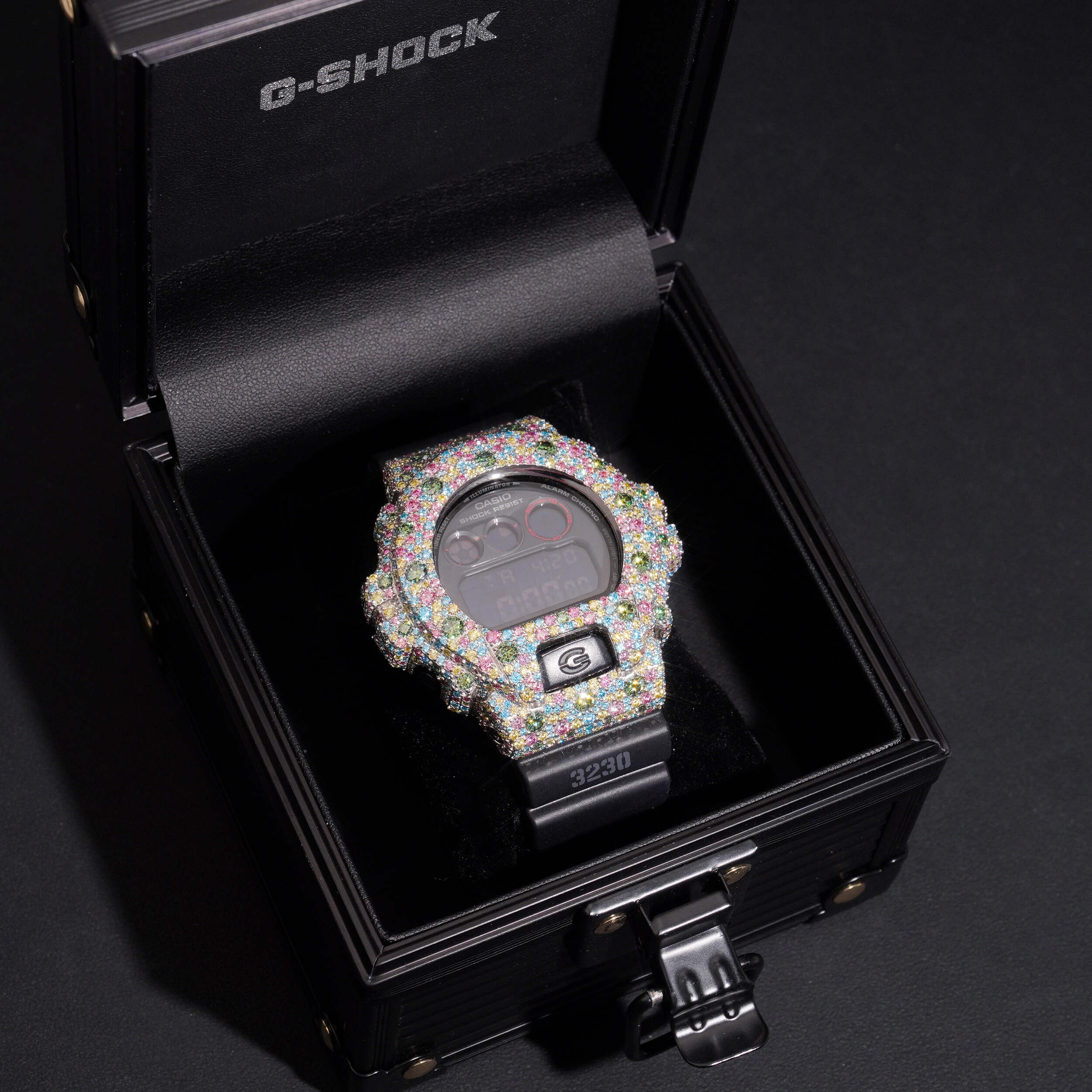 Mosaic Setting Color Moissanite Diamond G Shock Watch close-up - The Real Jewelry Company