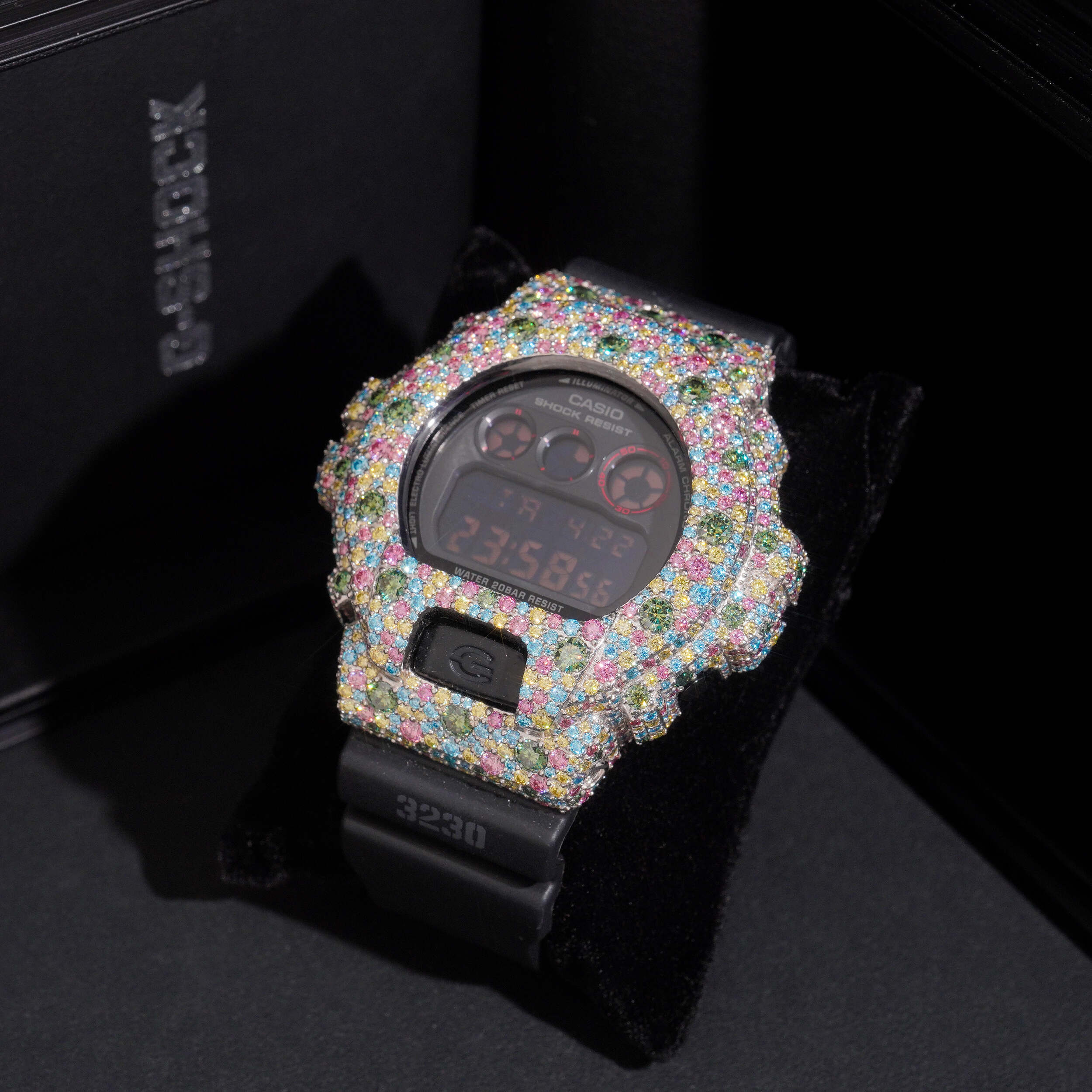 Mosaic Setting Color Moissanite Diamond G Shock Watch detail - The Real Jewelry Company