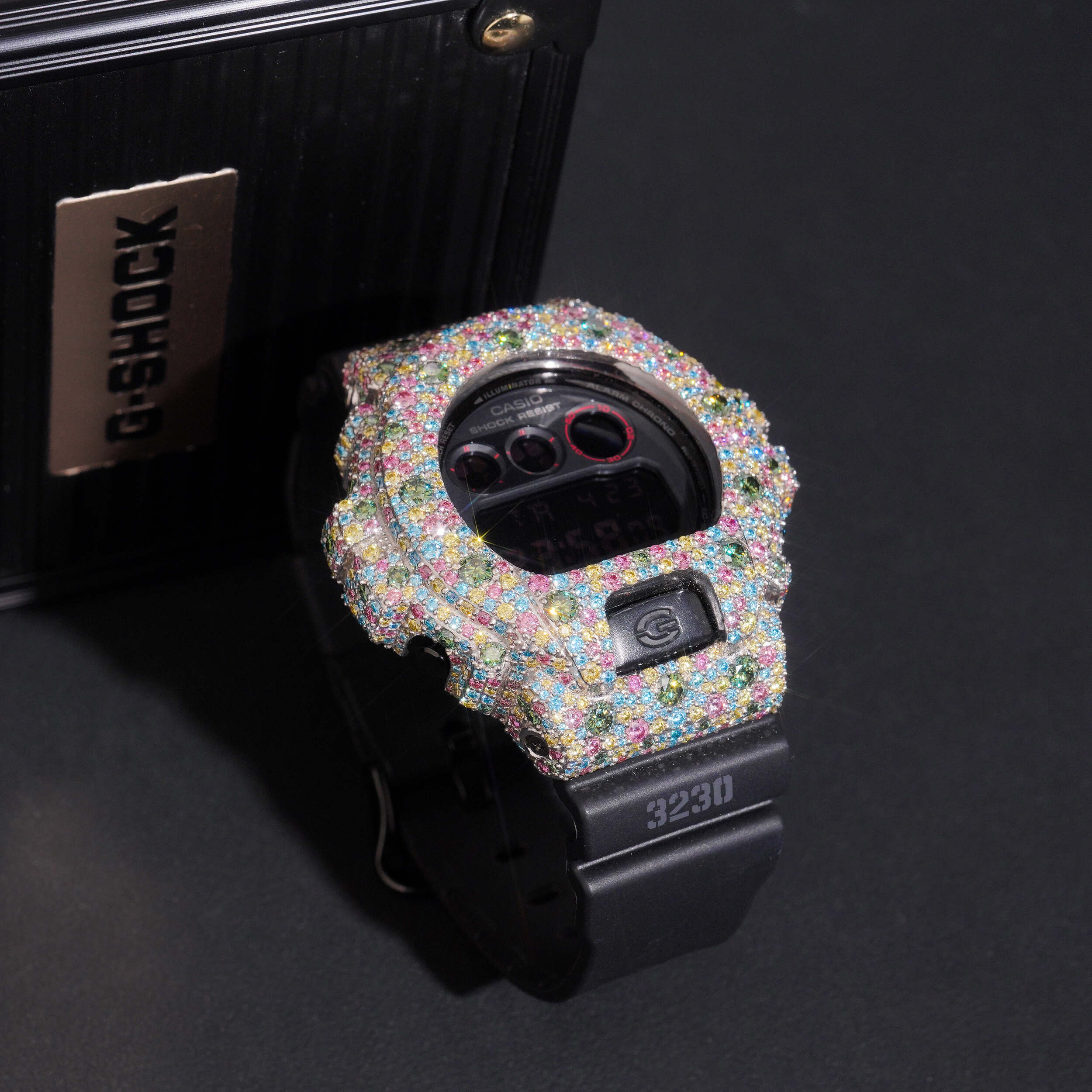 Mosaic Setting Color Moissanite Diamond G Shock Watch on model - The Real Jewelry Company