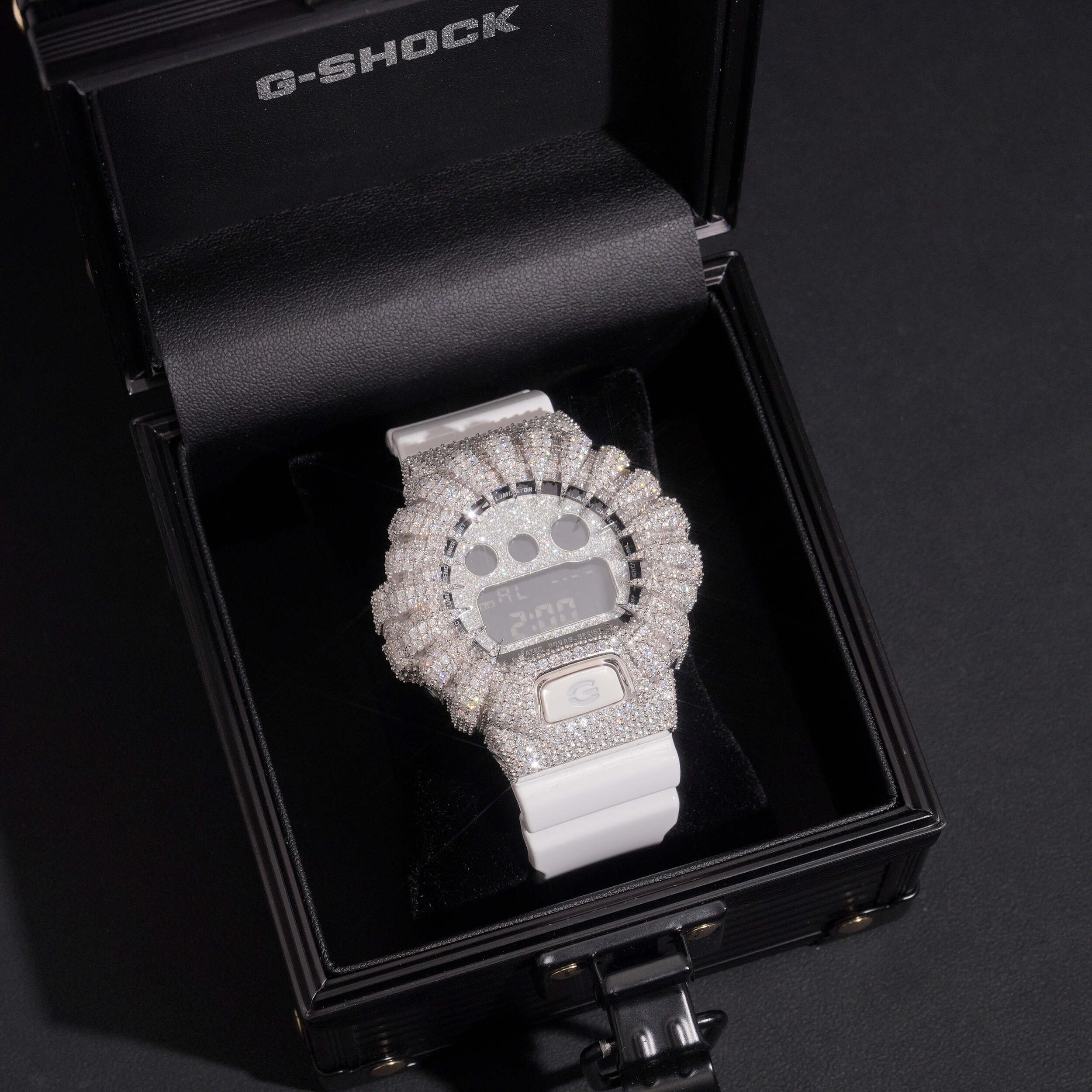 Iced Out G Shock Watch DW6900 Moissanite Diamond close-up - The Real Jewelry Company