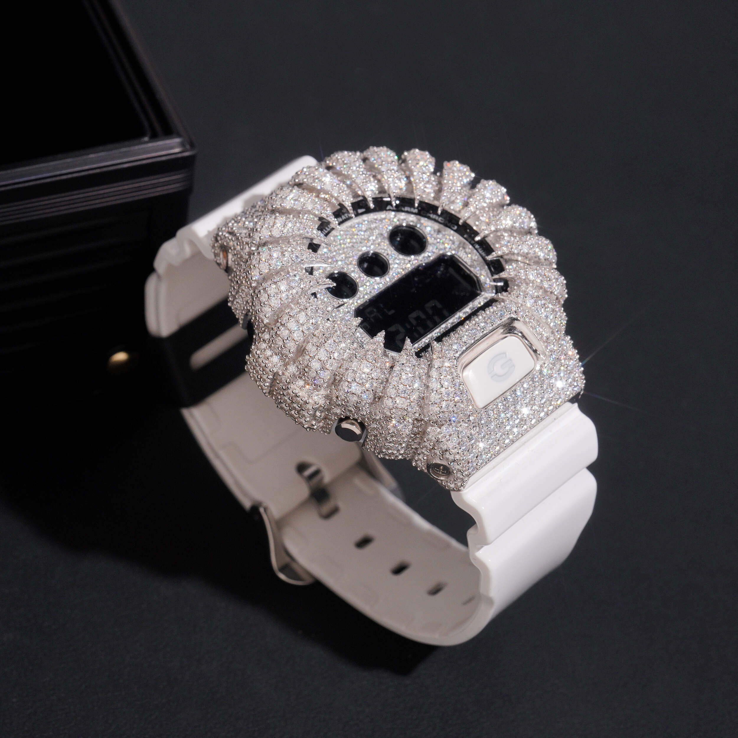 Iced Out G Shock Watch DW6900 Moissanite Diamond detail - The Real Jewelry Company