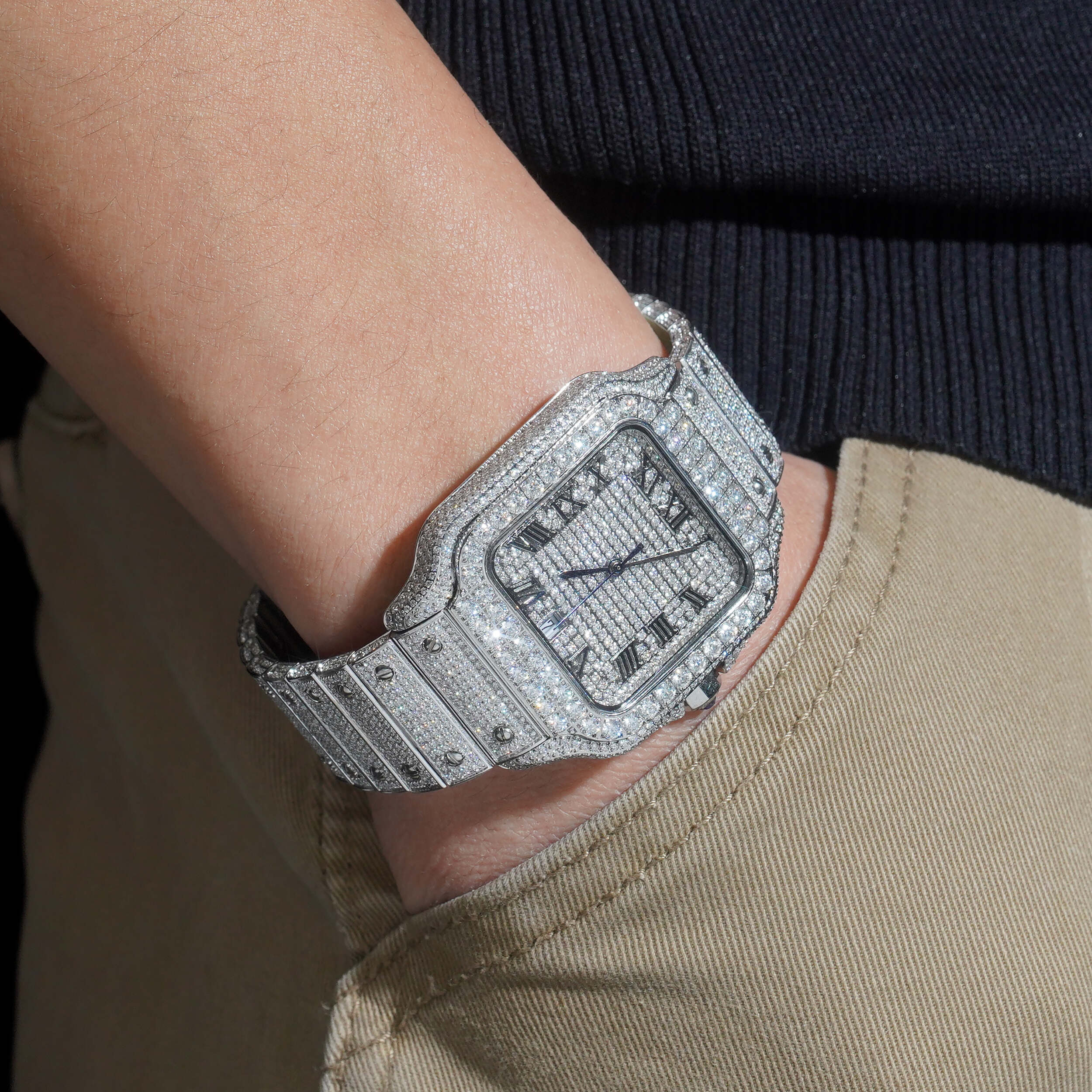 Iced Out Men Watch Moissanite Diamond Pass Diamond Tester side view - The Real Jewelry Company