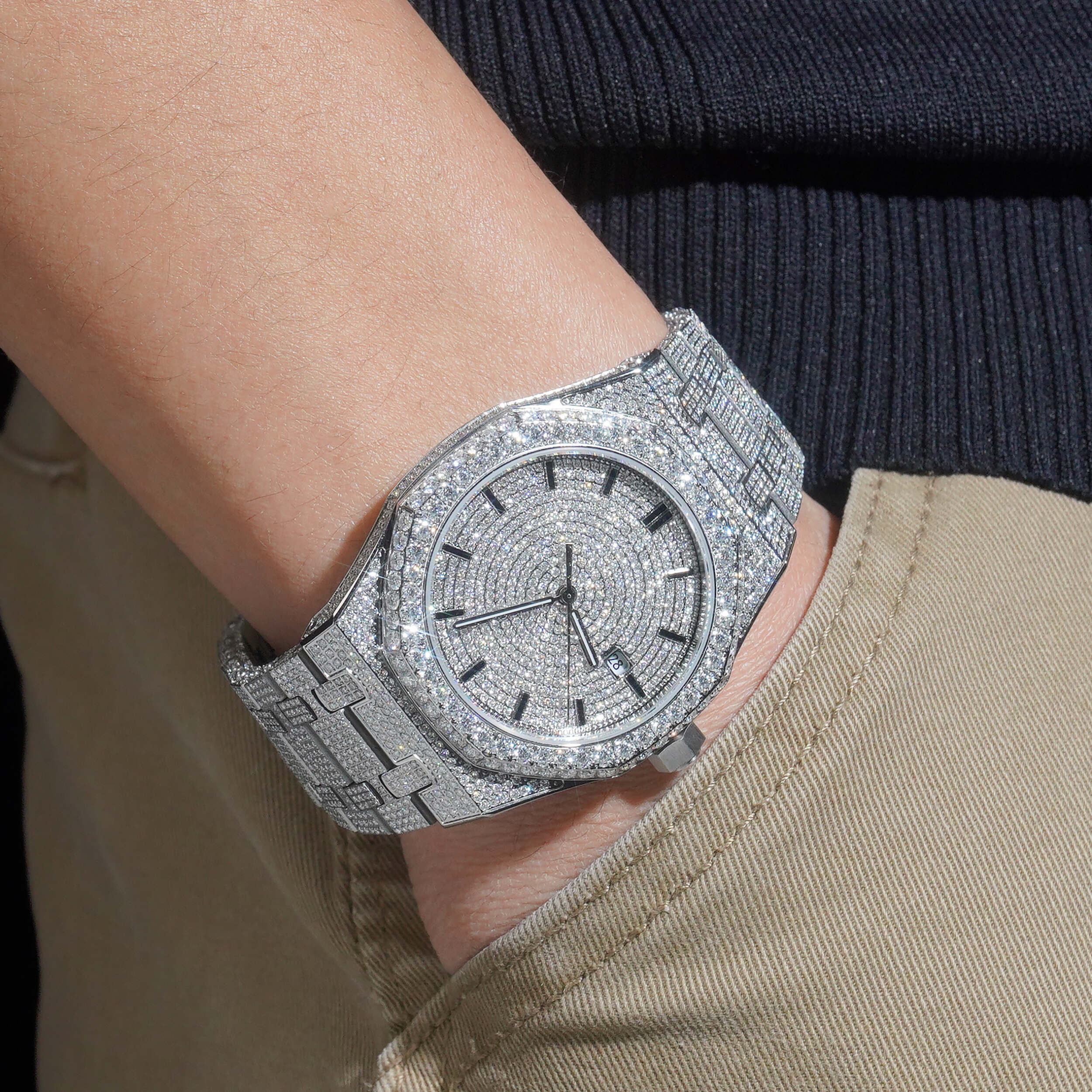 Moissanite Diamond Iced Out Buss Down Watch For Men side view - The Real Jewelry Company