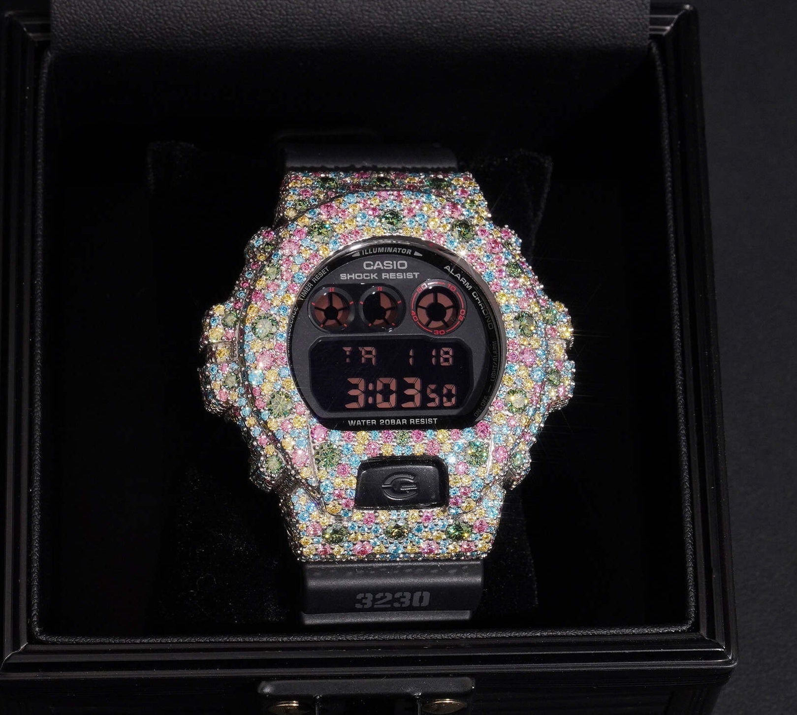 Mosaic Setting Color Moissanite Diamond G Shock Watch side view - The Real Jewelry Company