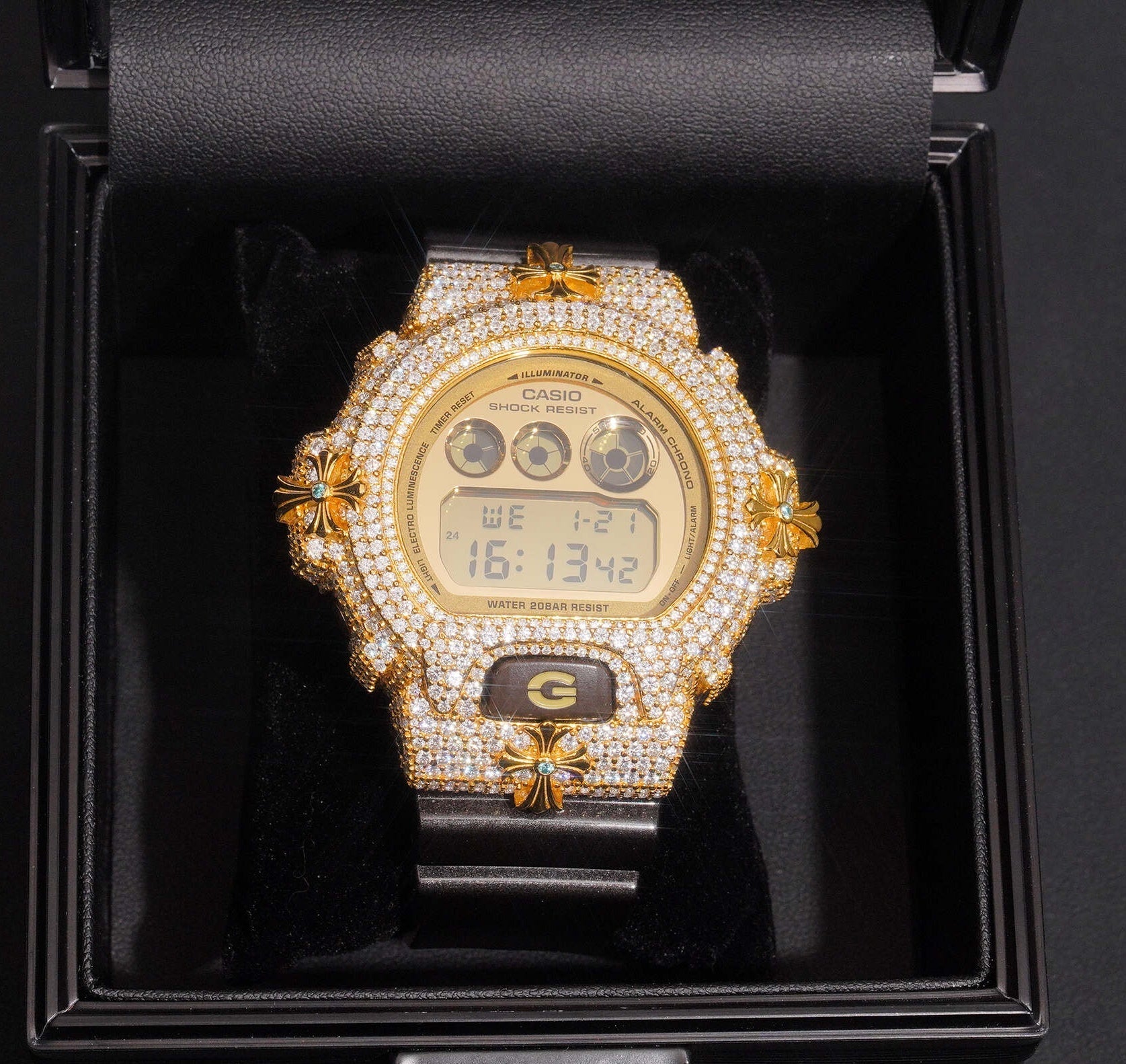Chrome Heart Style G Shock DW6900 Iced Moissanite Watch side view - The Real Jewelry Company