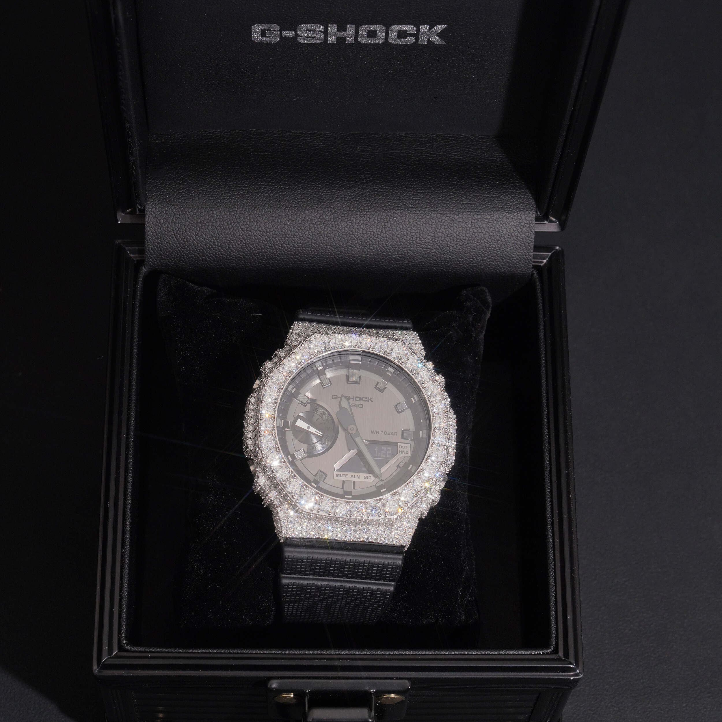 Iced Out Moissanite Diamond G Shock Watch GA2100 side view - The Real Jewelry Company