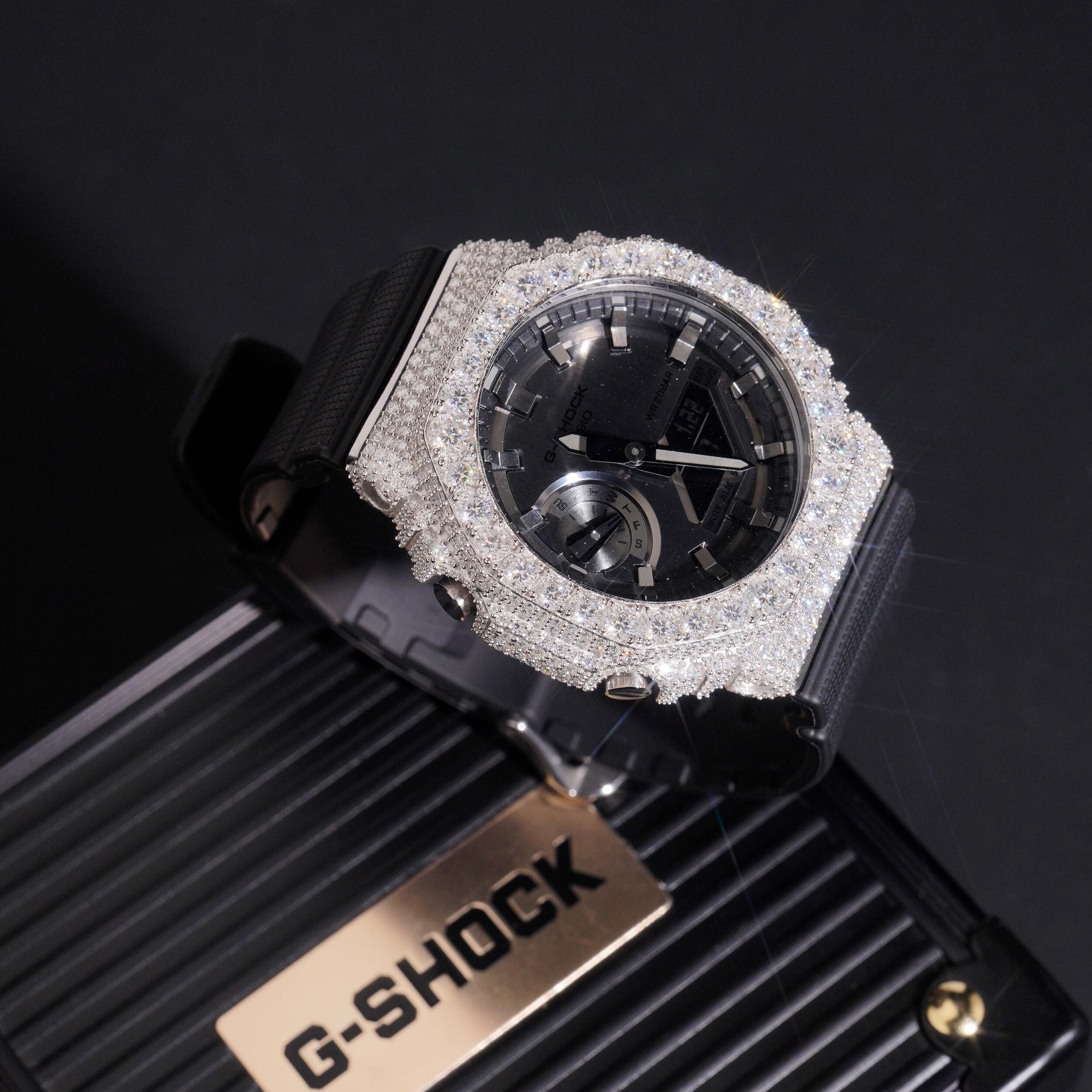 Iced Out Moissanite Diamond G Shock Watch GA2100 close-up - The Real Jewelry Company