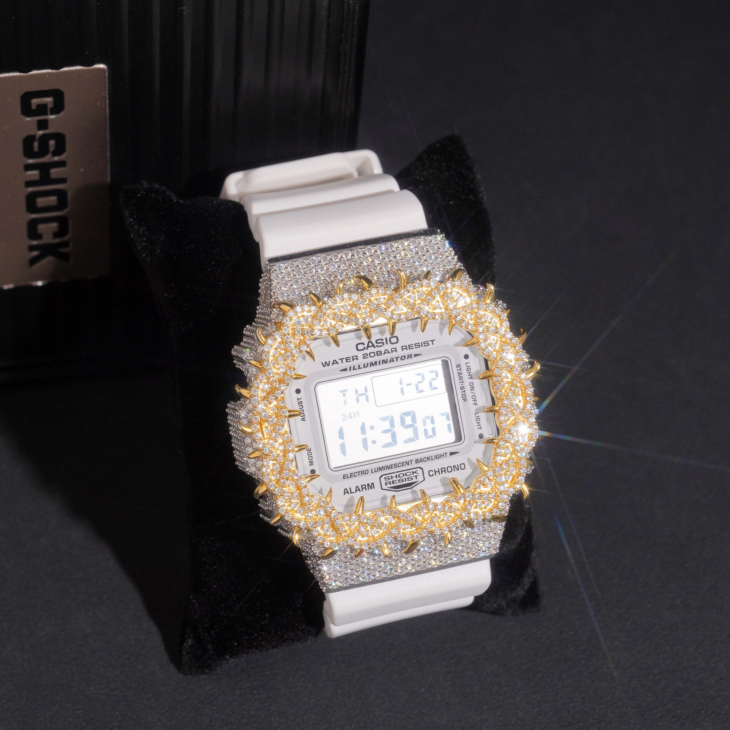 G Shock DW5600 Yellow Gold Tow Tone Moissanite Watch side view - The Real Jewelry Company
