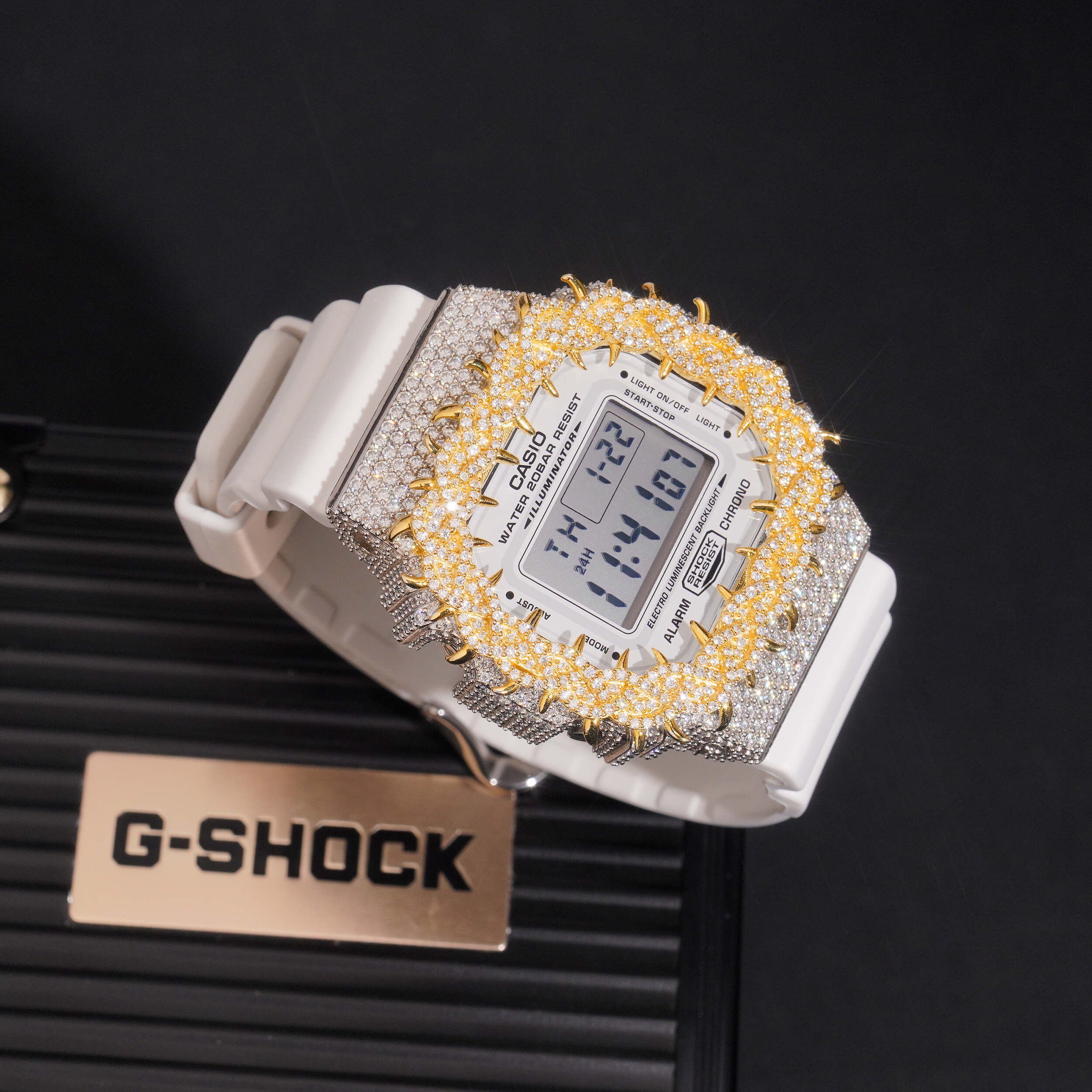 G Shock DW5600 Yellow Gold Tow Tone Moissanite Watch detail - The Real Jewelry Company