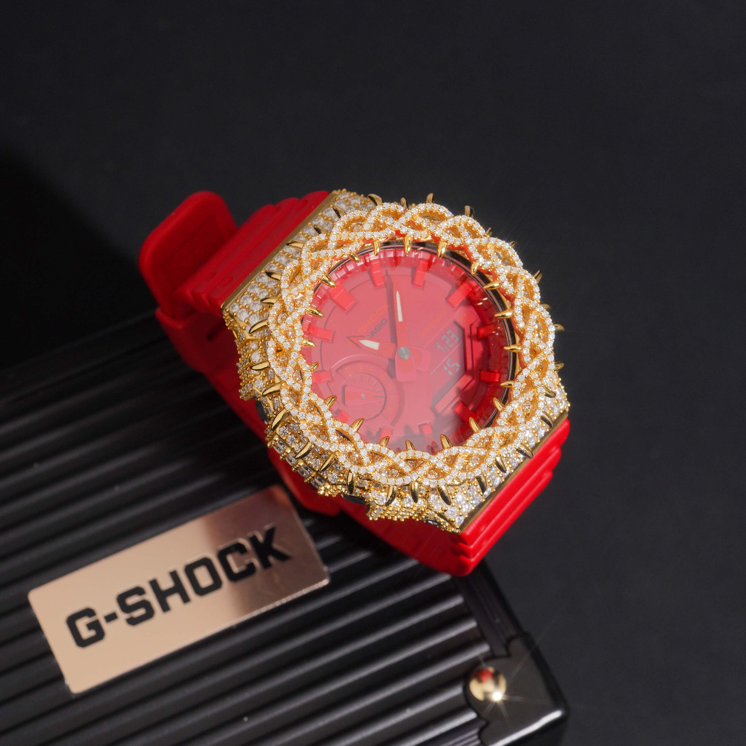Red Strap GA2100 Gold Moissanite G Shock Watch close-up - The Real Jewelry Company