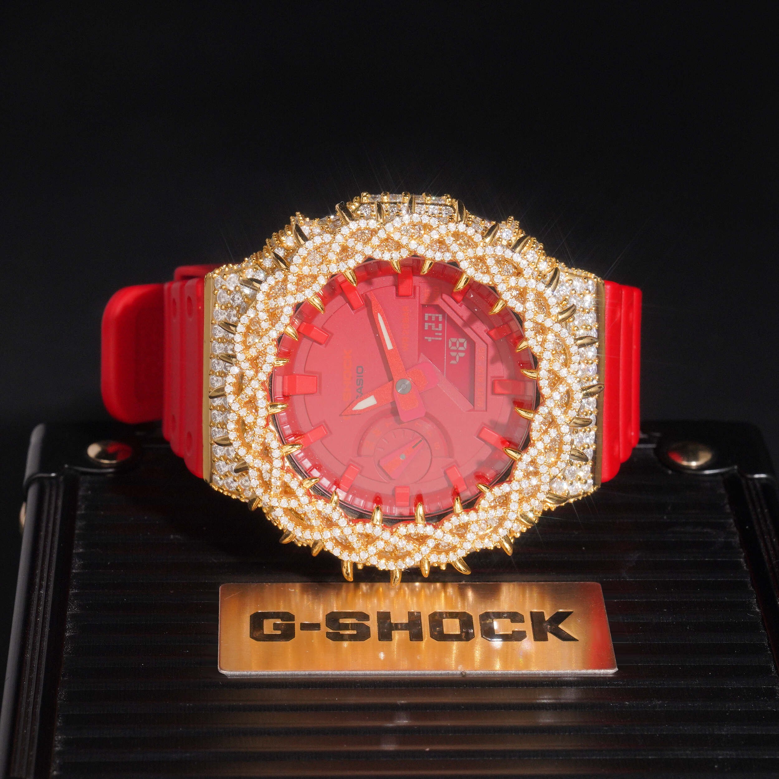 Red Strap GA2100 Gold Moissanite G Shock Watch detail - The Real Jewelry Company