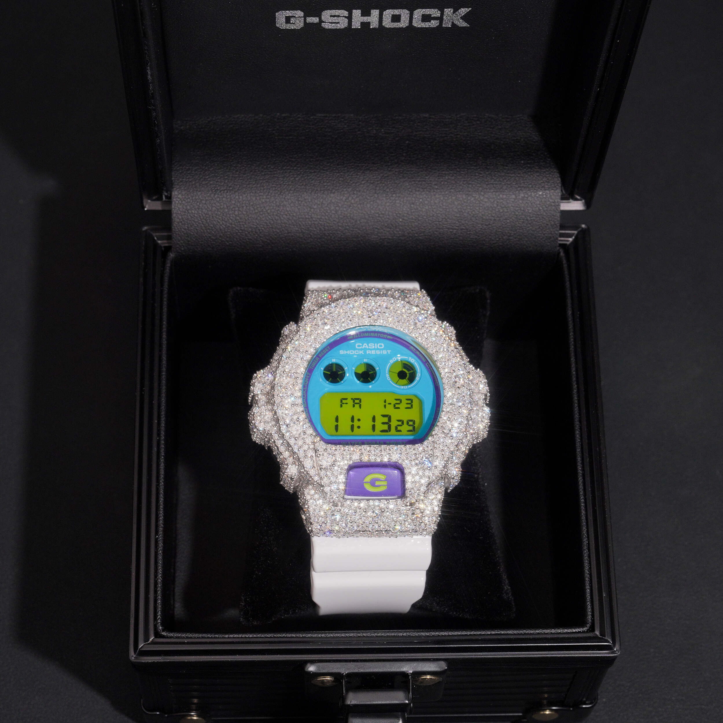 DW6900 G Shock Iced Out Buss Down Moissanite Watch Mosaic Setting side view - The Real Jewelry Company