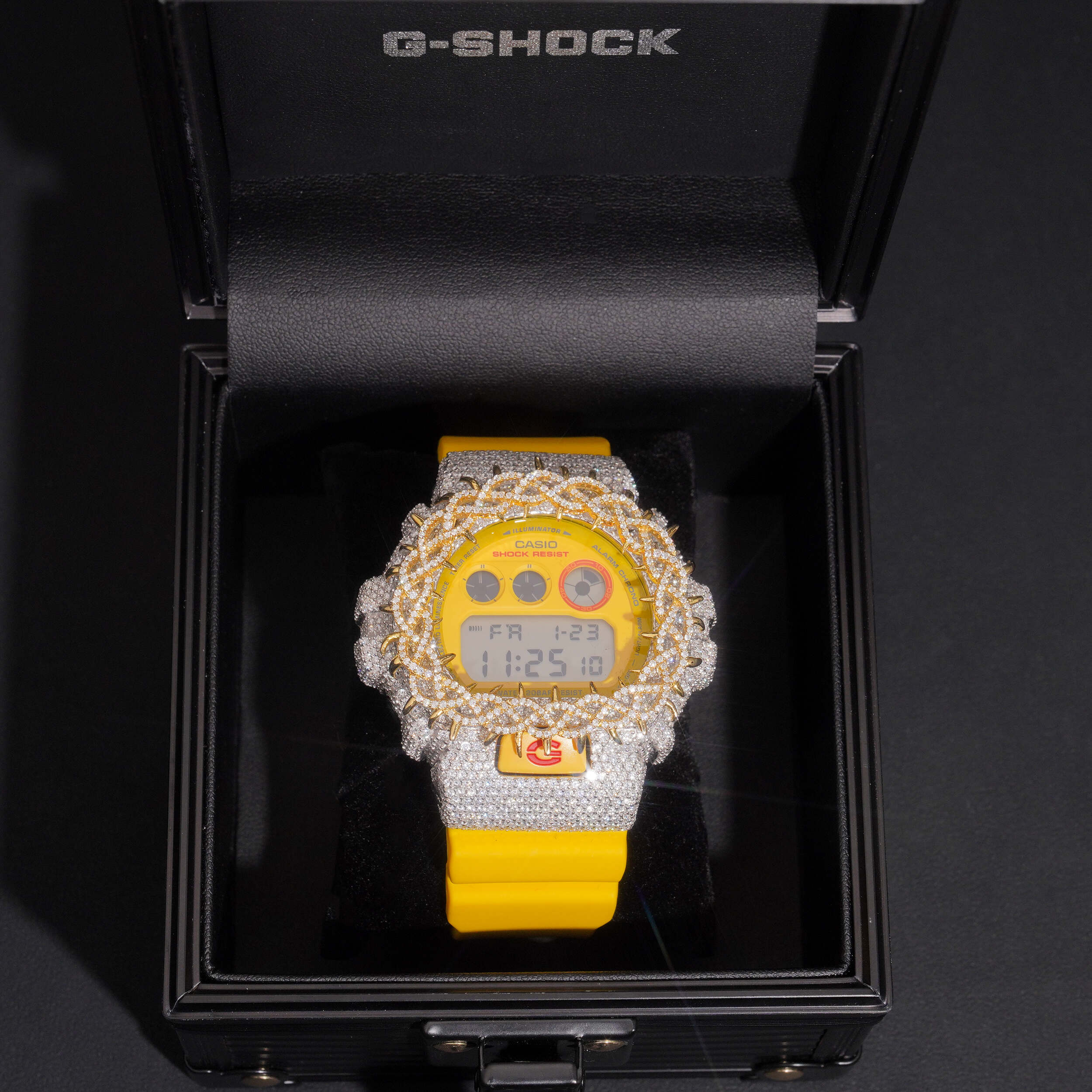 Yellow Gold Tow Tone DW6900 Moissanite G Shock Watch side view - The Real Jewelry Company