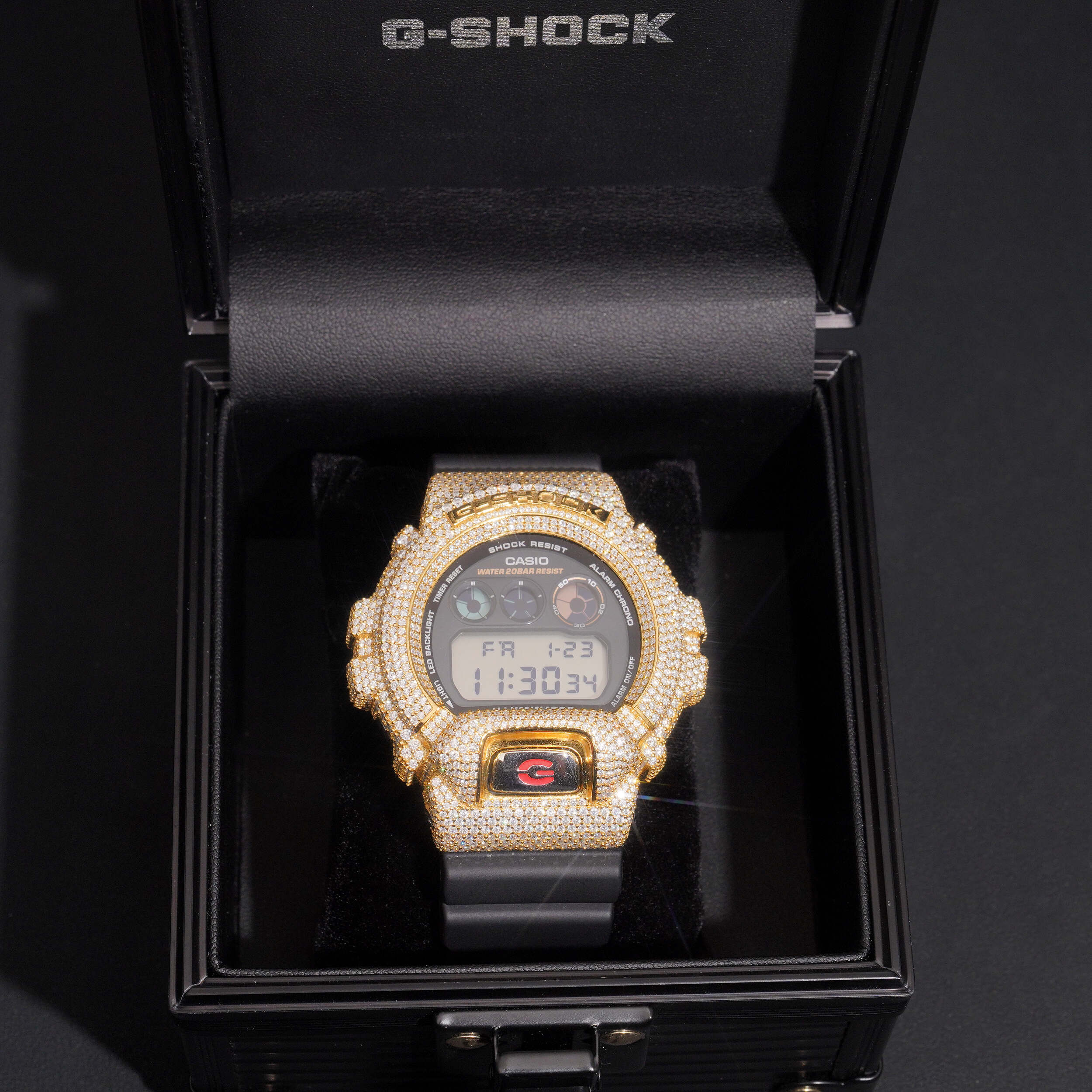 Iced Out 18K Yellow Gold G Shock Watch Moissanite Diamond side view - The Real Jewelry Company