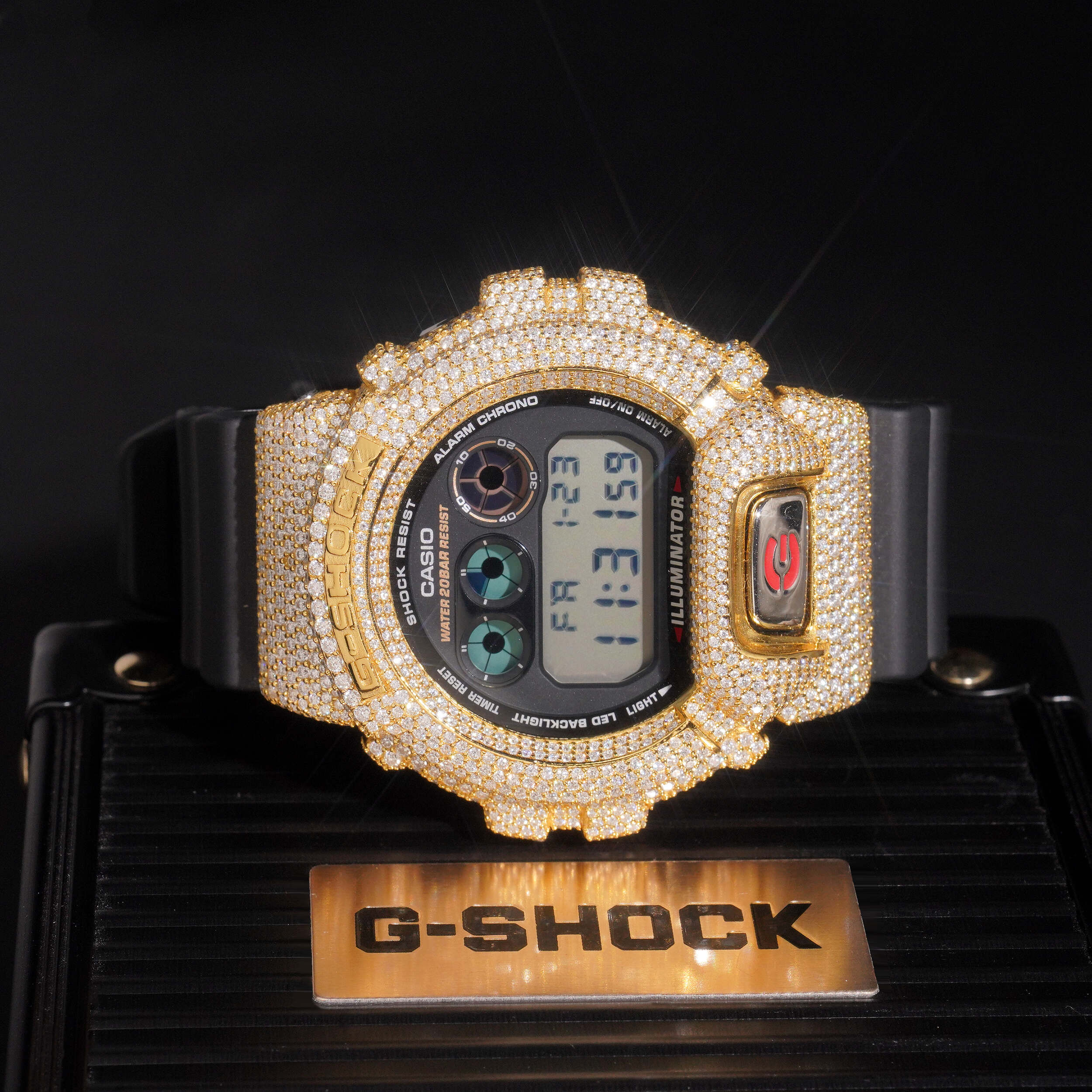 Iced Out 18K Yellow Gold G Shock Watch Moissanite Diamond close-up - The Real Jewelry Company