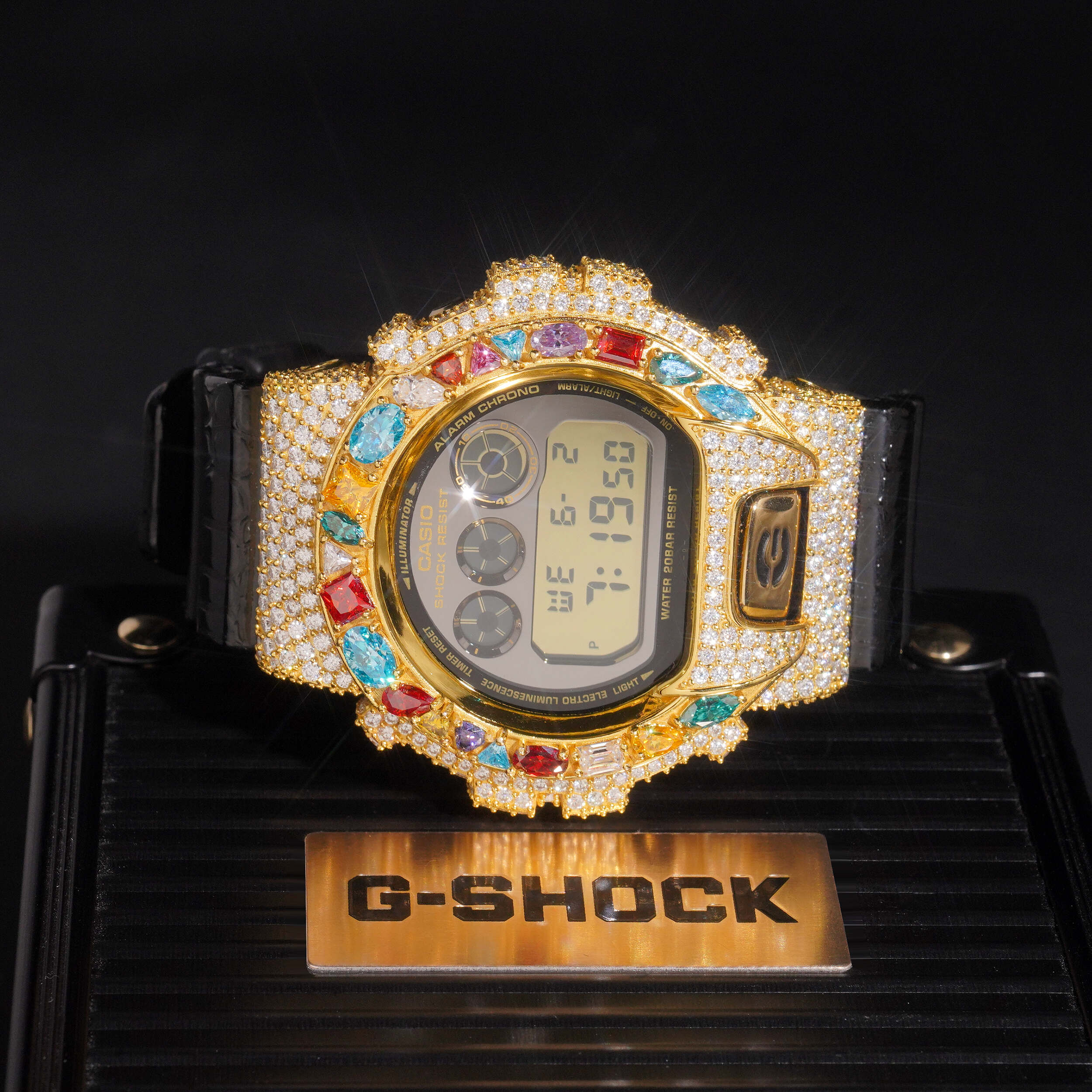 Fancy Cut Color Moissanite G Shock Watch 18K Gold close-up - The Real Jewelry Company