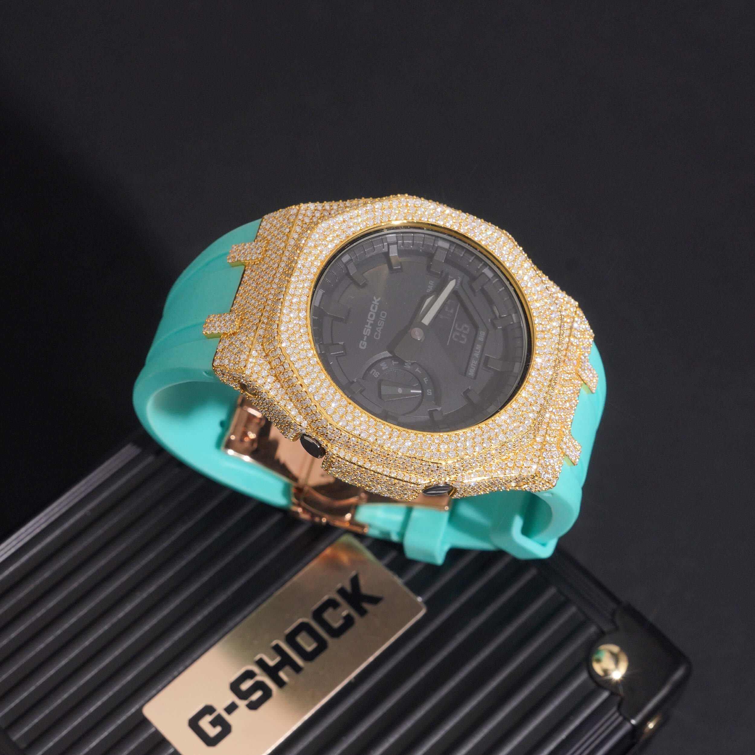 Icedout Casio G Shock GA2100  with VVS Moissanite Diamond Bezel close-up - The Real Jewelry Company