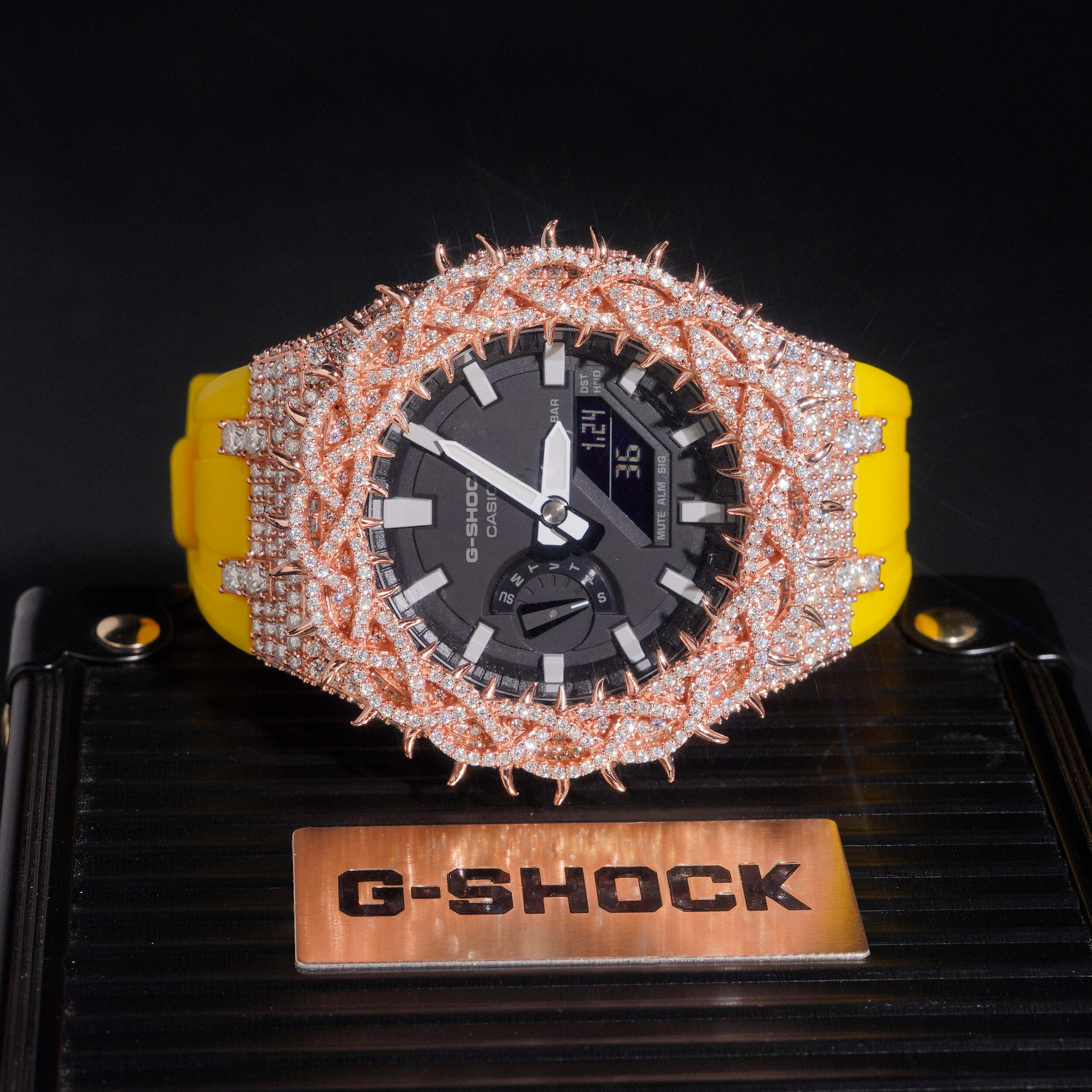 Yellow Band Iced Out G Shock GA2100 Watch side view - The Real Jewelry Company