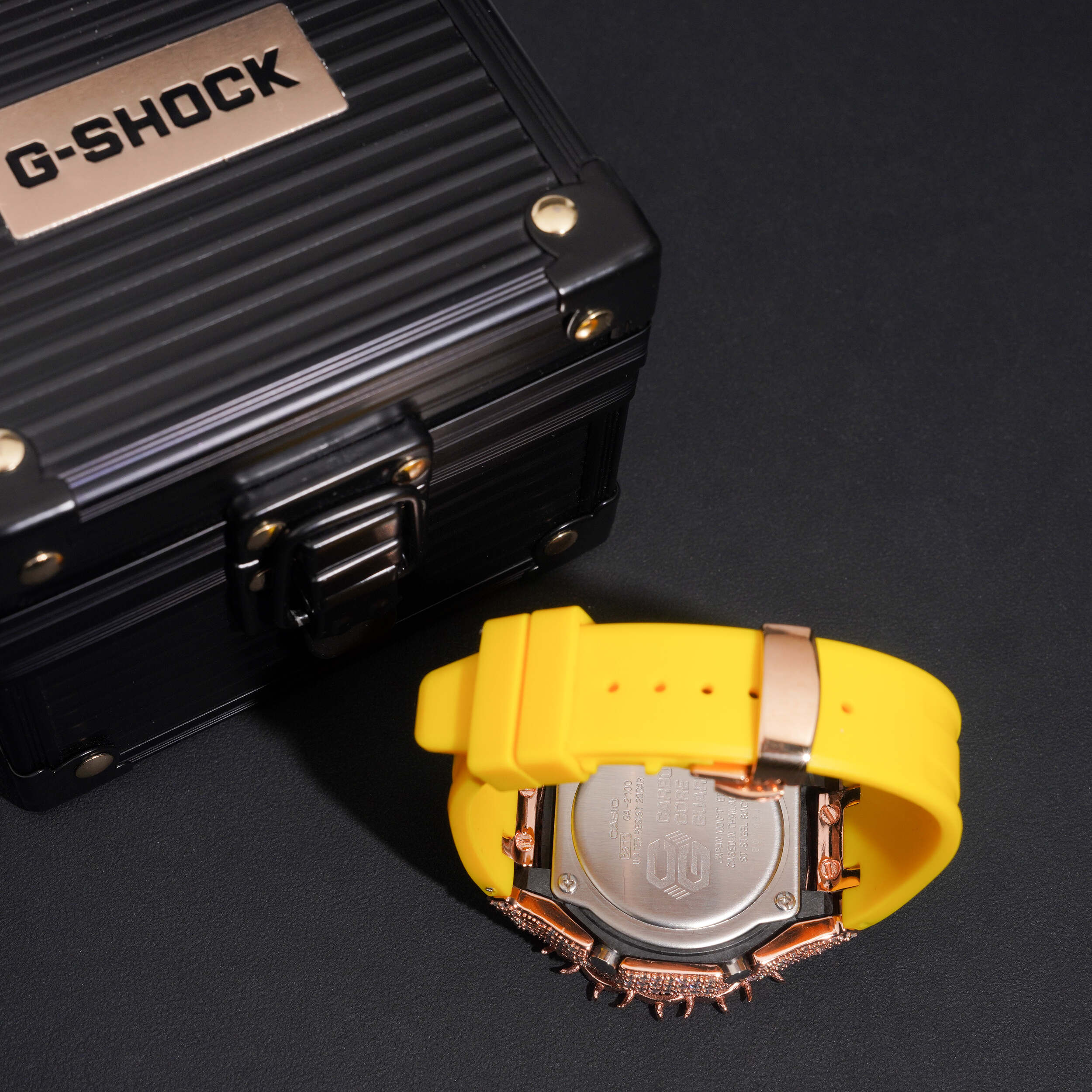 Yellow Band Iced Out G Shock GA2100 Watch detail - The Real Jewelry Company