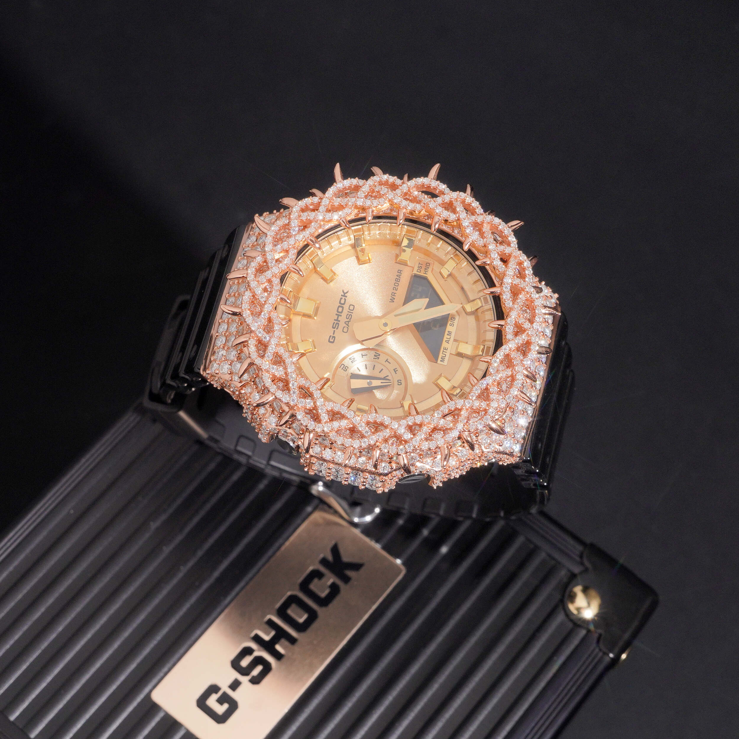Rose Gold Moissanite Diamond G Shock Watch GA2100 close-up - The Real Jewelry Company
