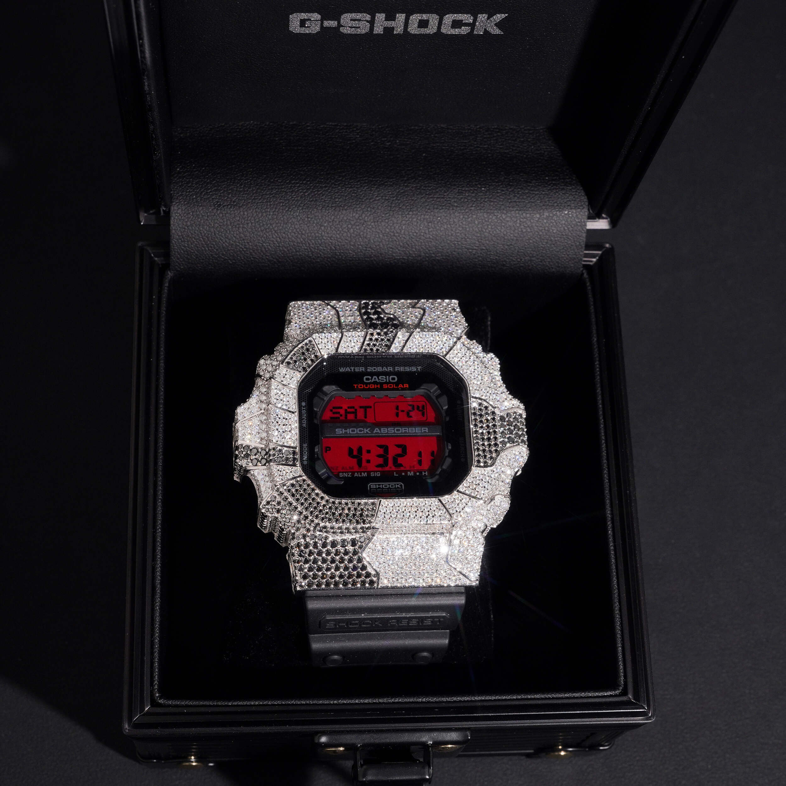 Black Mix White Moissanite Diamond Casio G Shock Watch GX56 side view - The Real Jewelry Company