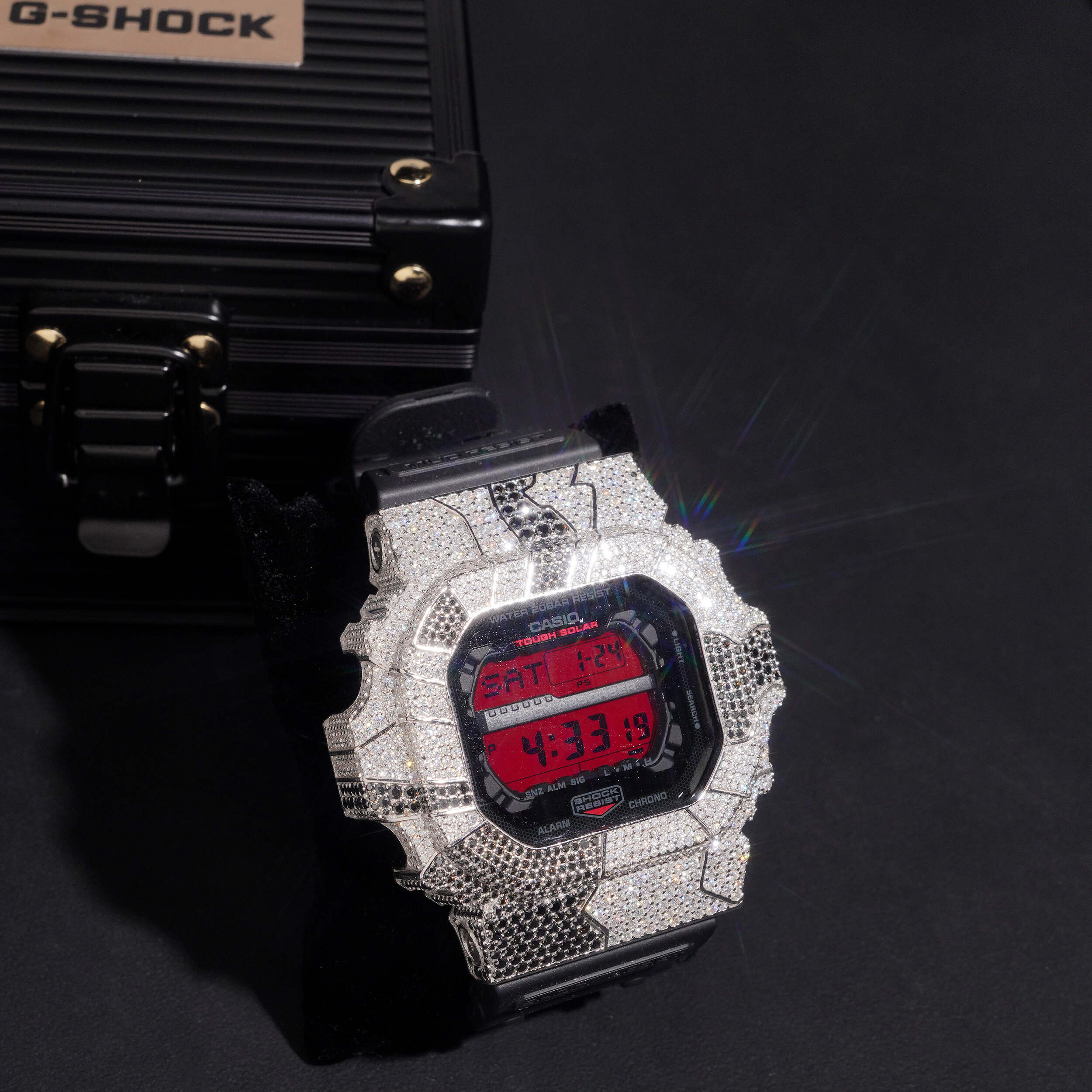 Black Mix White Moissanite Diamond Casio G Shock Watch GX56 close-up - The Real Jewelry Company