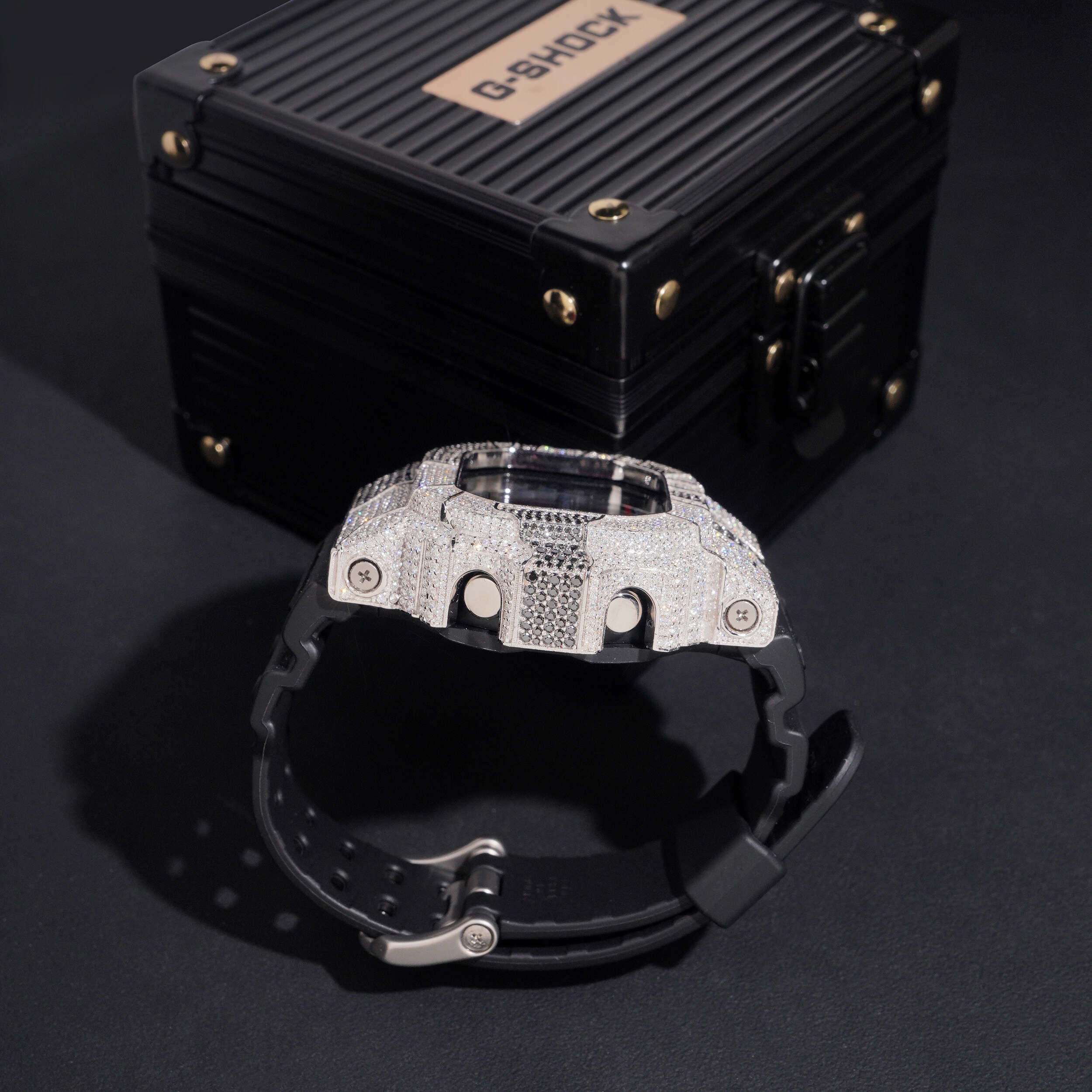 Black Mix White Moissanite Diamond Casio G Shock Watch GX56 detail - The Real Jewelry Company