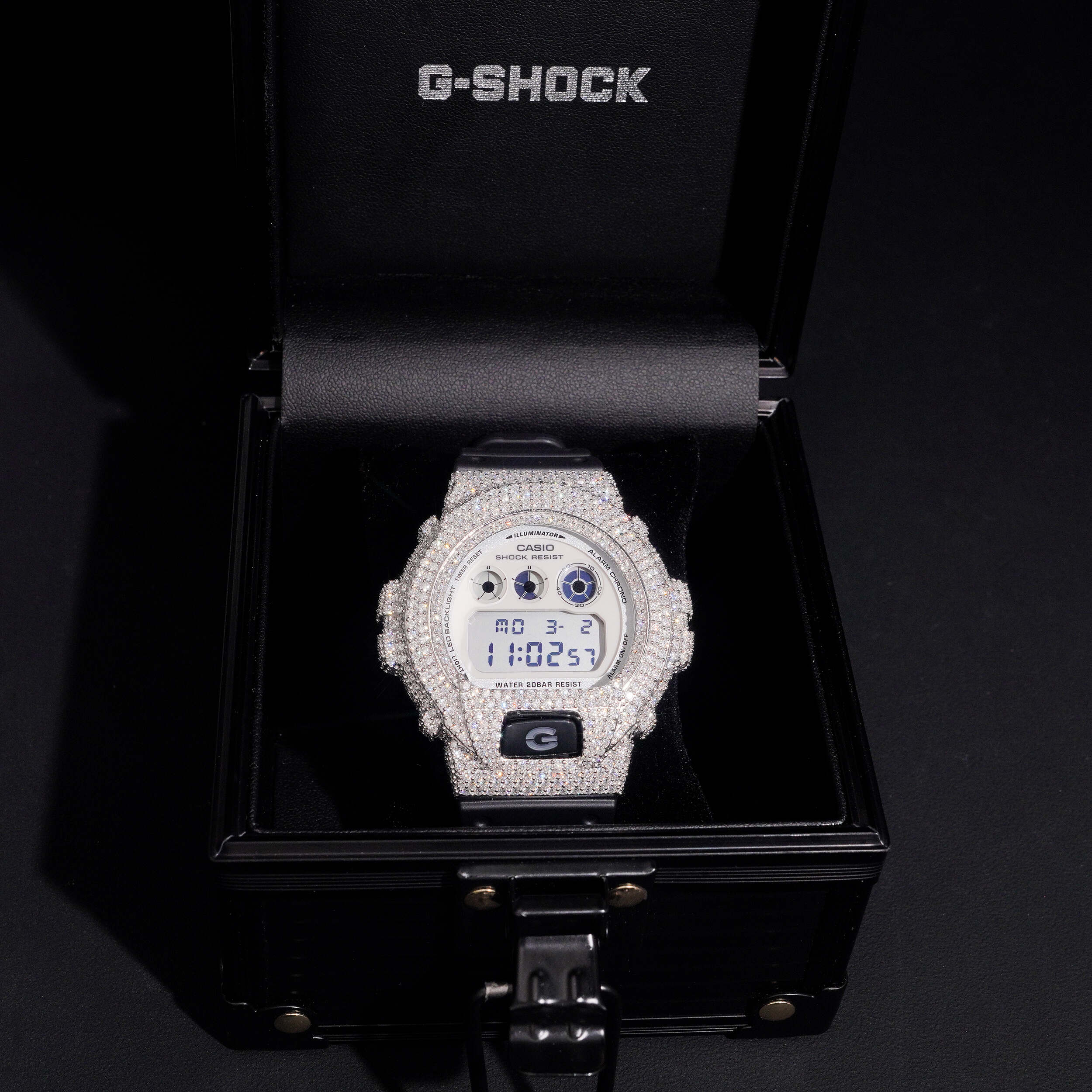 Fully Iced Moissanite Diamond DW6900 Watch G Shock side view - The Real Jewelry Company