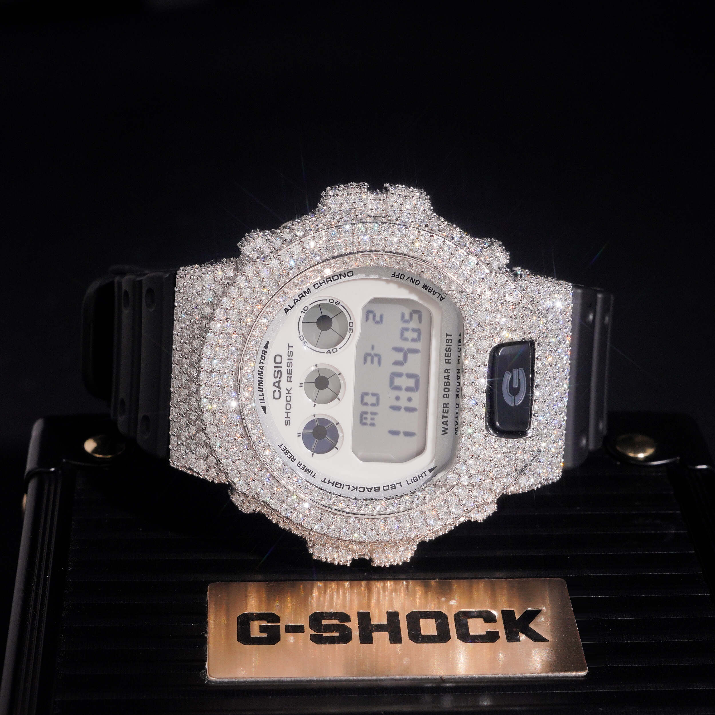 Fully Iced Moissanite Diamond DW6900 Watch G Shock close-up - The Real Jewelry Company