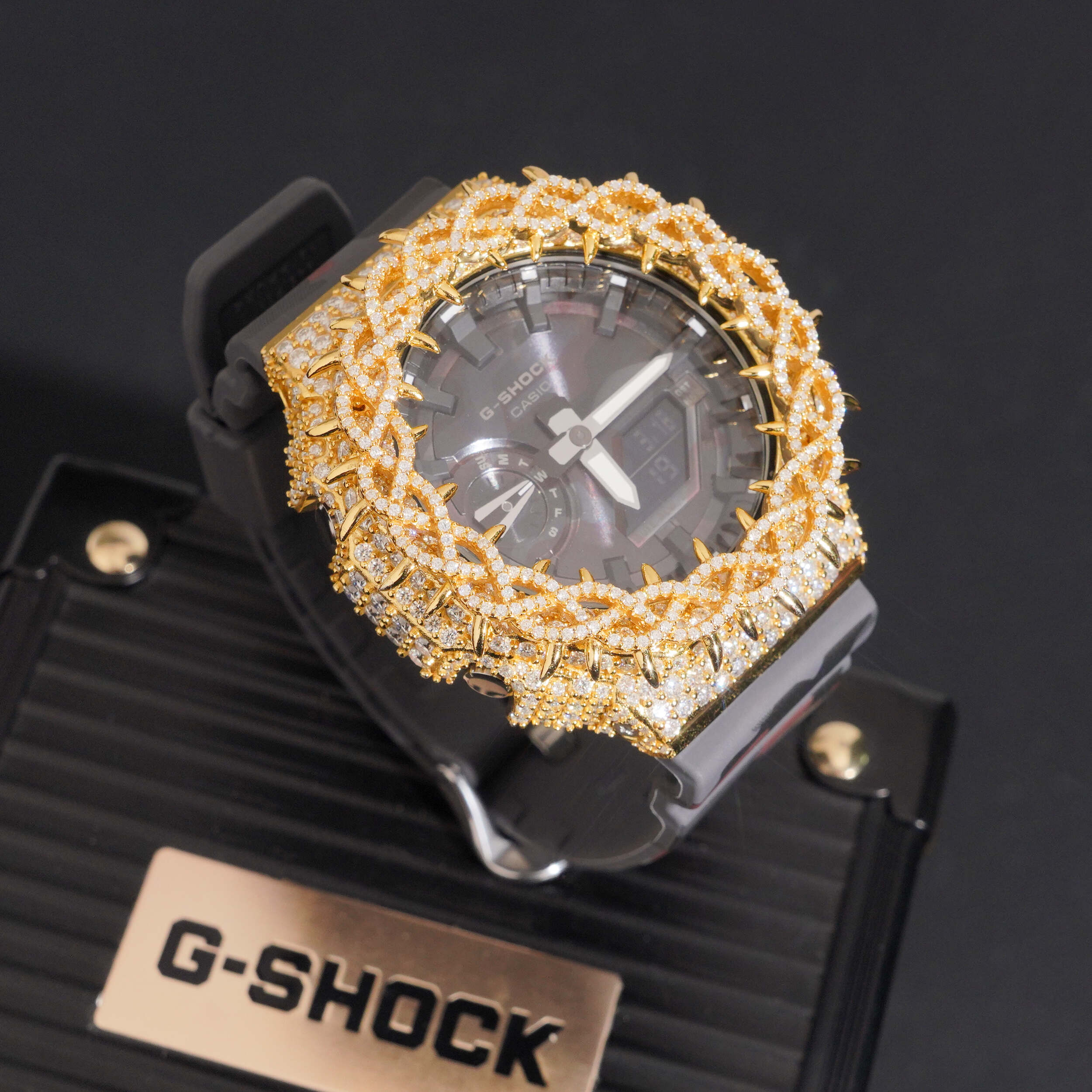 Yellow Gold Camo Band Iced Out G Shock GA2100 Watch close-up - The Real Jewelry Company