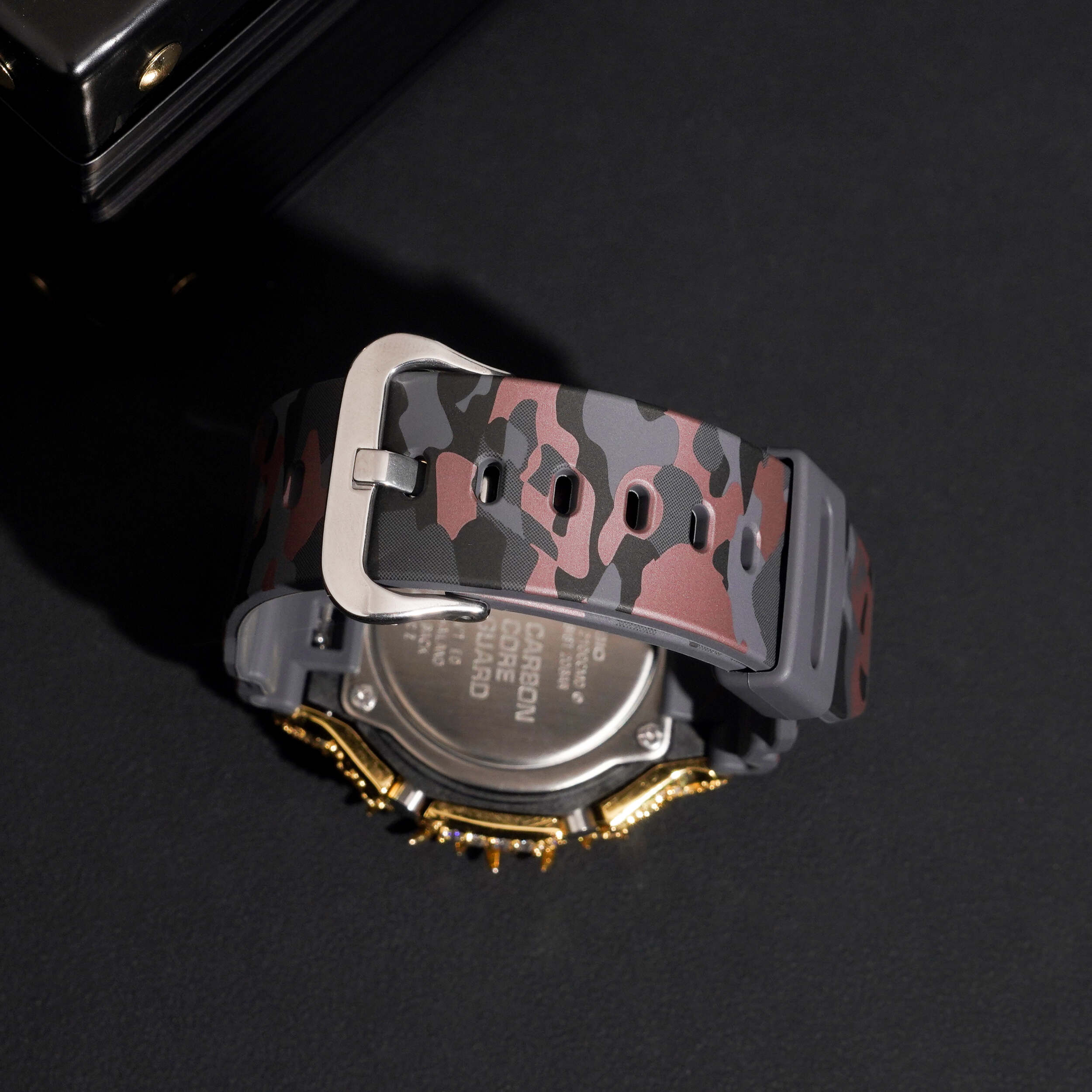 Yellow Gold Camo Band Iced Out G Shock GA2100 Watch detail - The Real Jewelry Company
