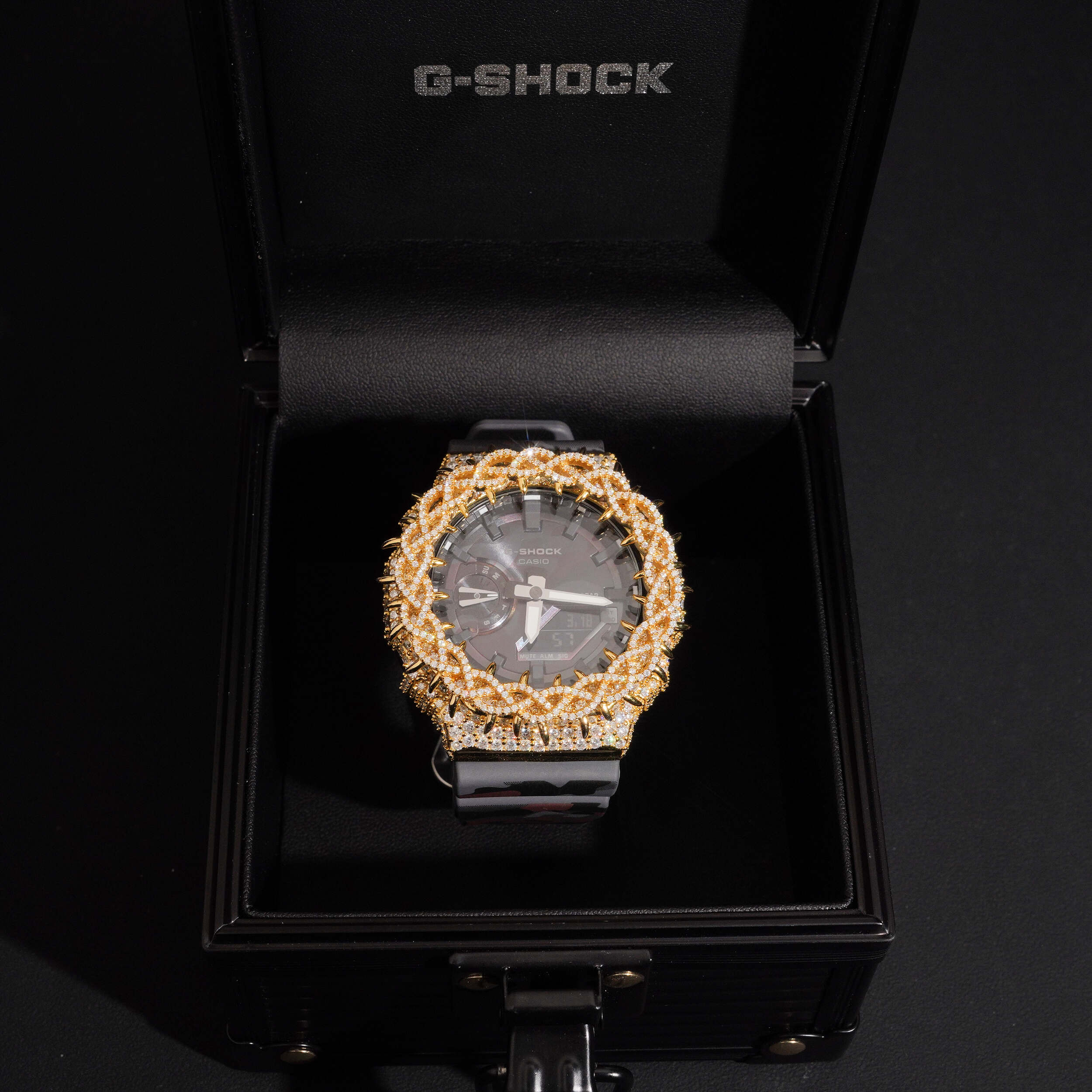 Yellow Gold Camo Band Iced Out G Shock GA2100 Watch on model - The Real Jewelry Company