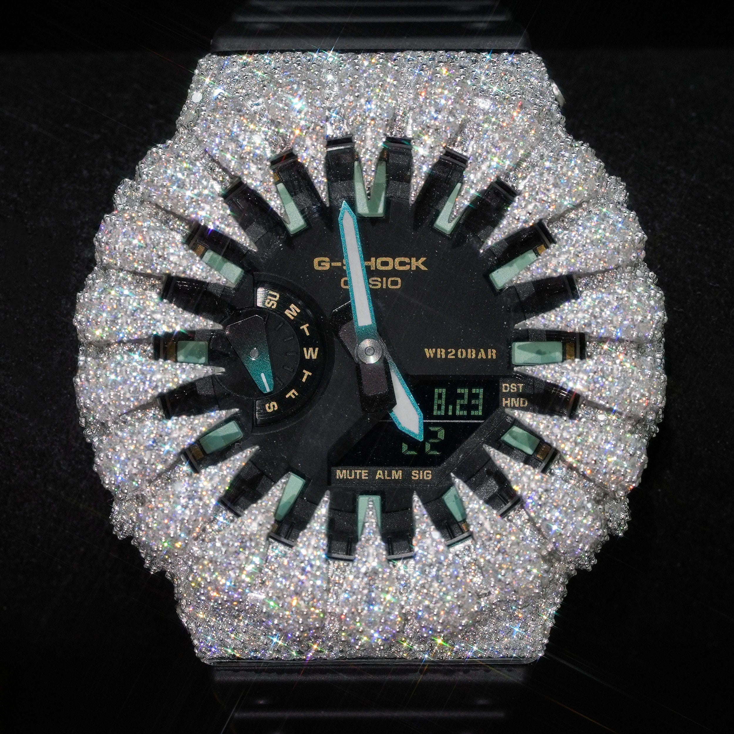 Iced Out G shock Watch Moissanite Diamond close-up - The Real Jewelry Company