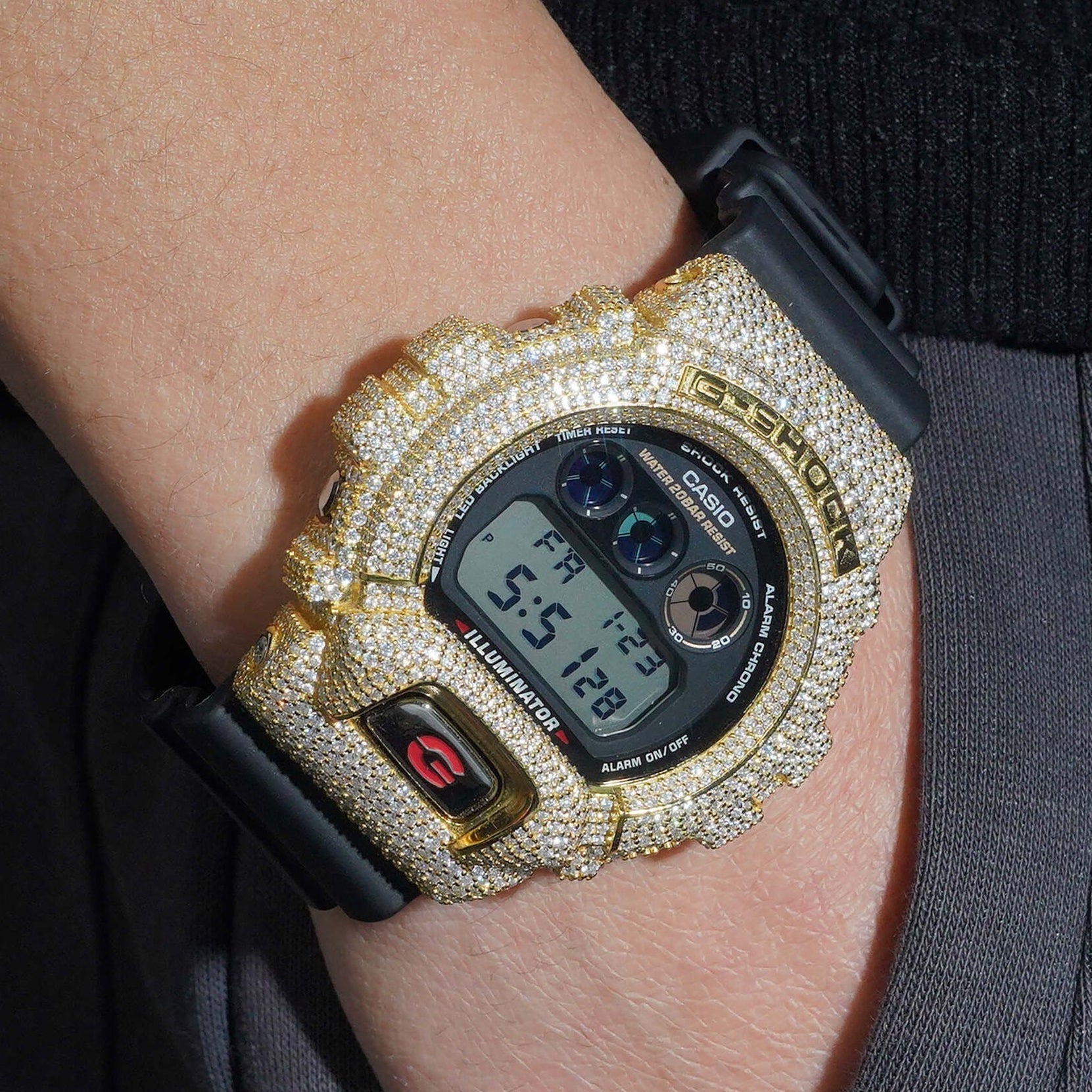 Iced Out 18K Yellow Gold G Shock Watch Moissanite Diamond - Moissanite Watch from The Real Jewelry Company