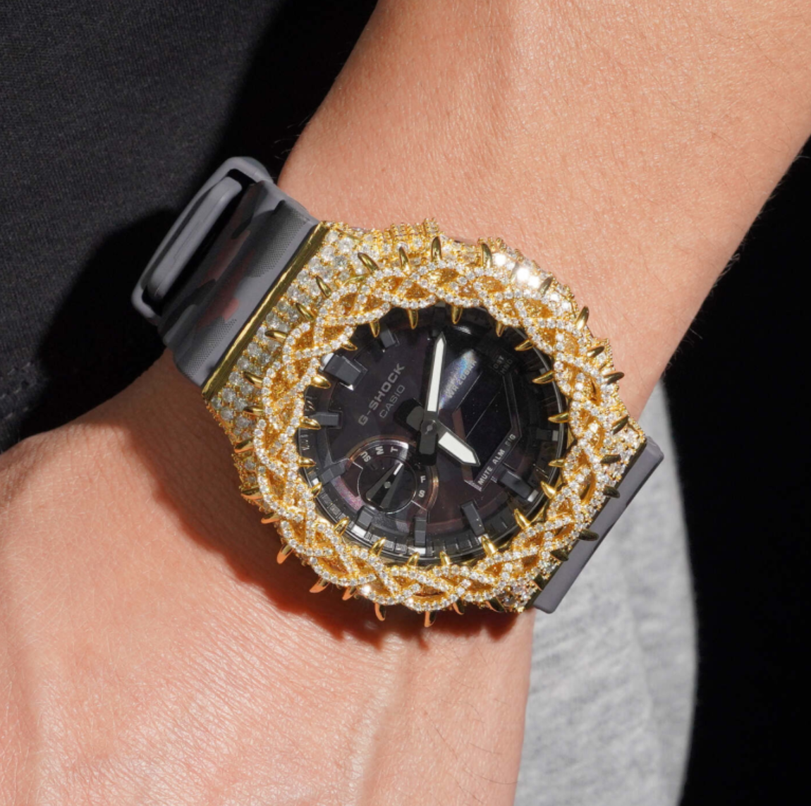 Yellow Gold Camo Band Iced Out G Shock GA2100 Watch - Moissanite Watch from The Real Jewelry Company