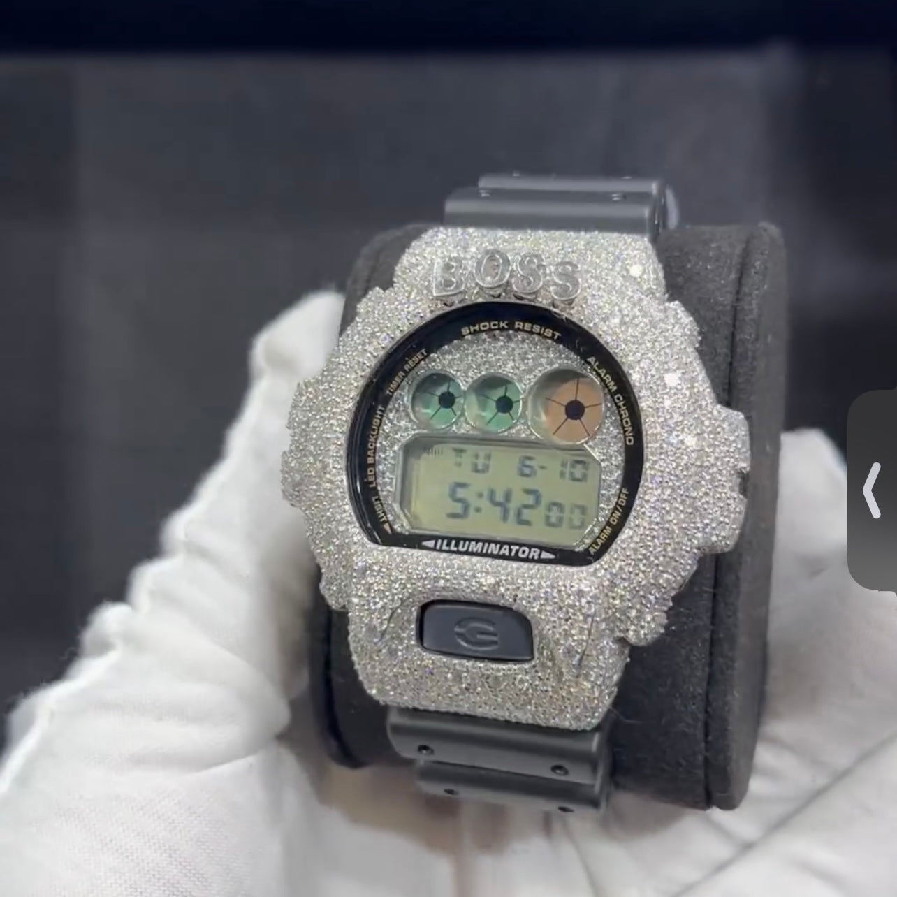 Custom Boss G Shock DW6900 Moissanite Watches Case 10K Gold close-up - The Real Jewelry Company