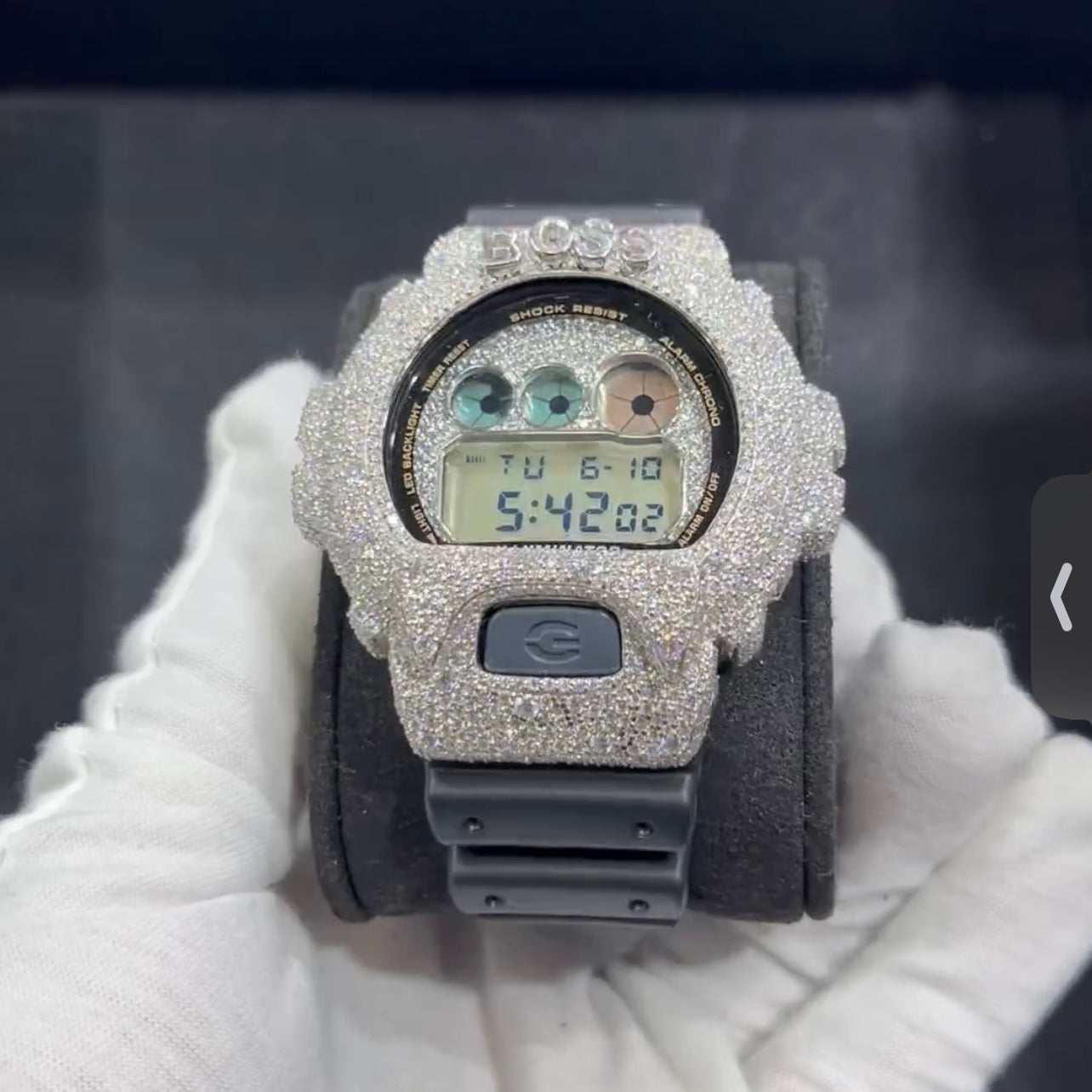 Custom Boss G Shock DW6900 Moissanite Watches Case 10K Gold side view - The Real Jewelry Company