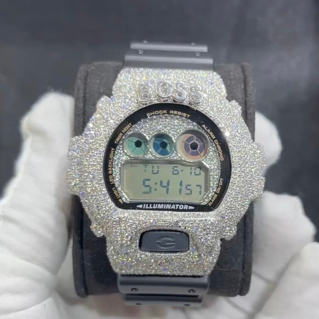 Custom Boss G Shock DW6900 Moissanite Watches Case 10K Gold - Moissanite Watch from The Real Jewelry Company