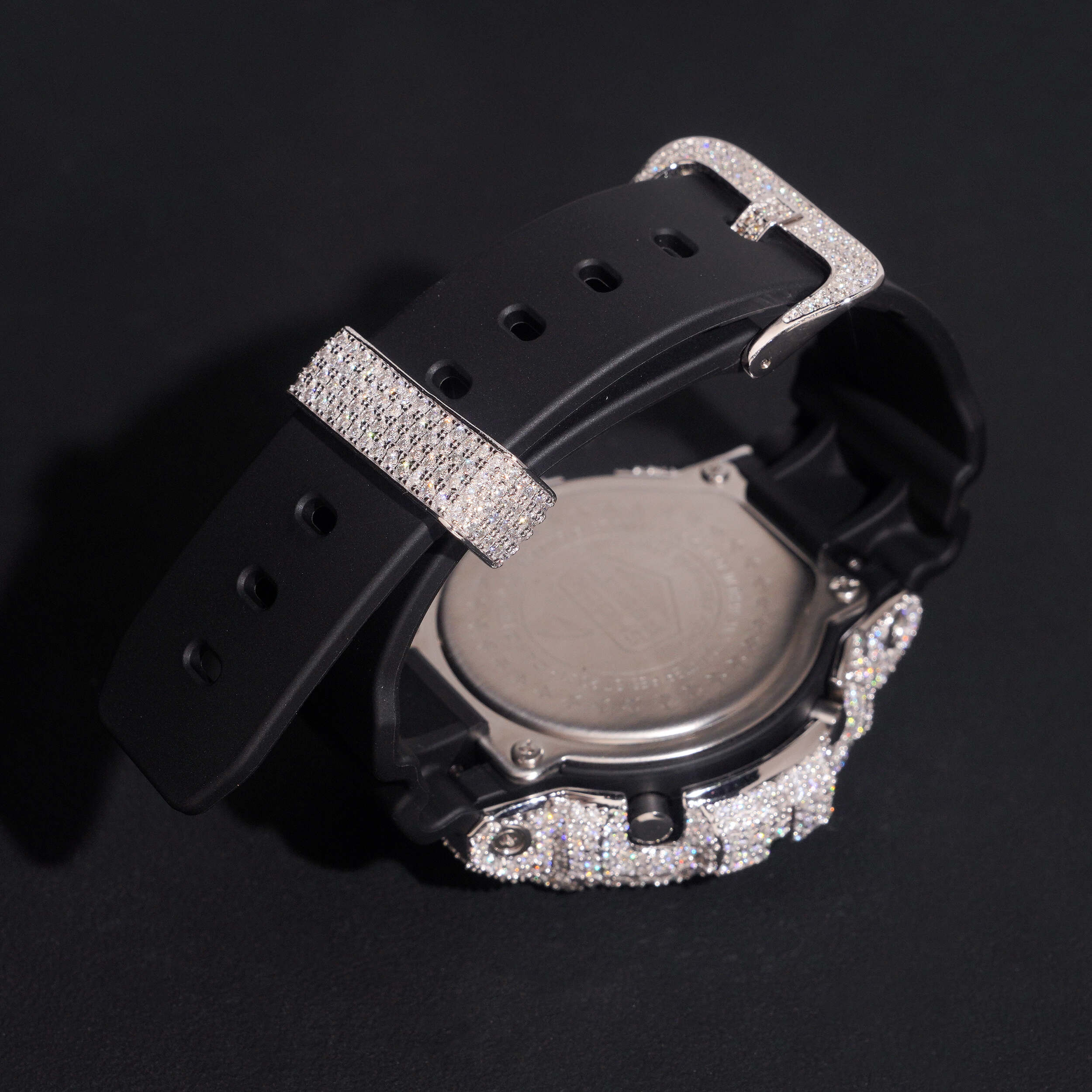 Custom G Shock Iced Out DW6900 Moissanite Watches Case 14K Gold on model - The Real Jewelry Company