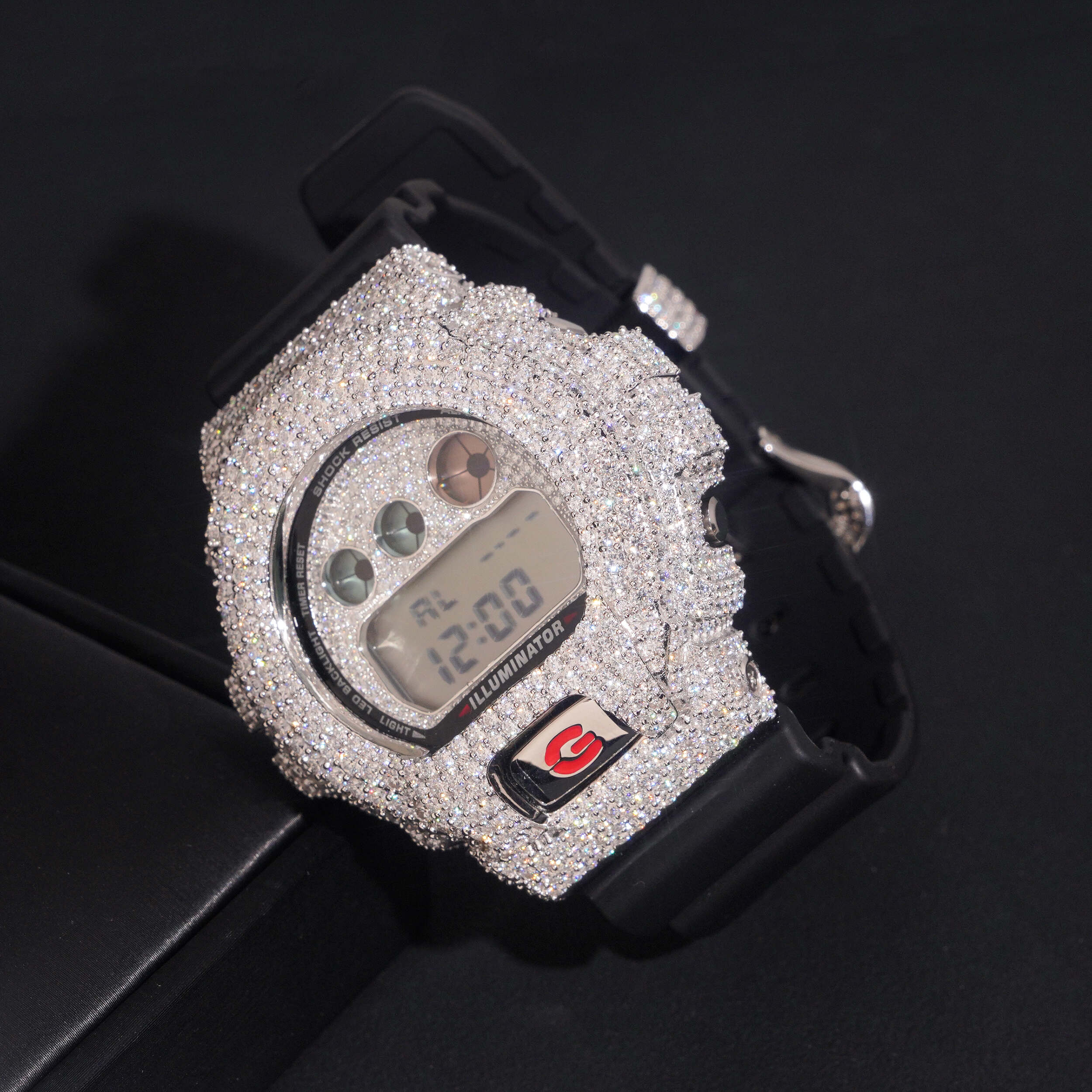 Custom G Shock Iced Out DW6900 Moissanite Watches Case 14K Gold close-up - The Real Jewelry Company
