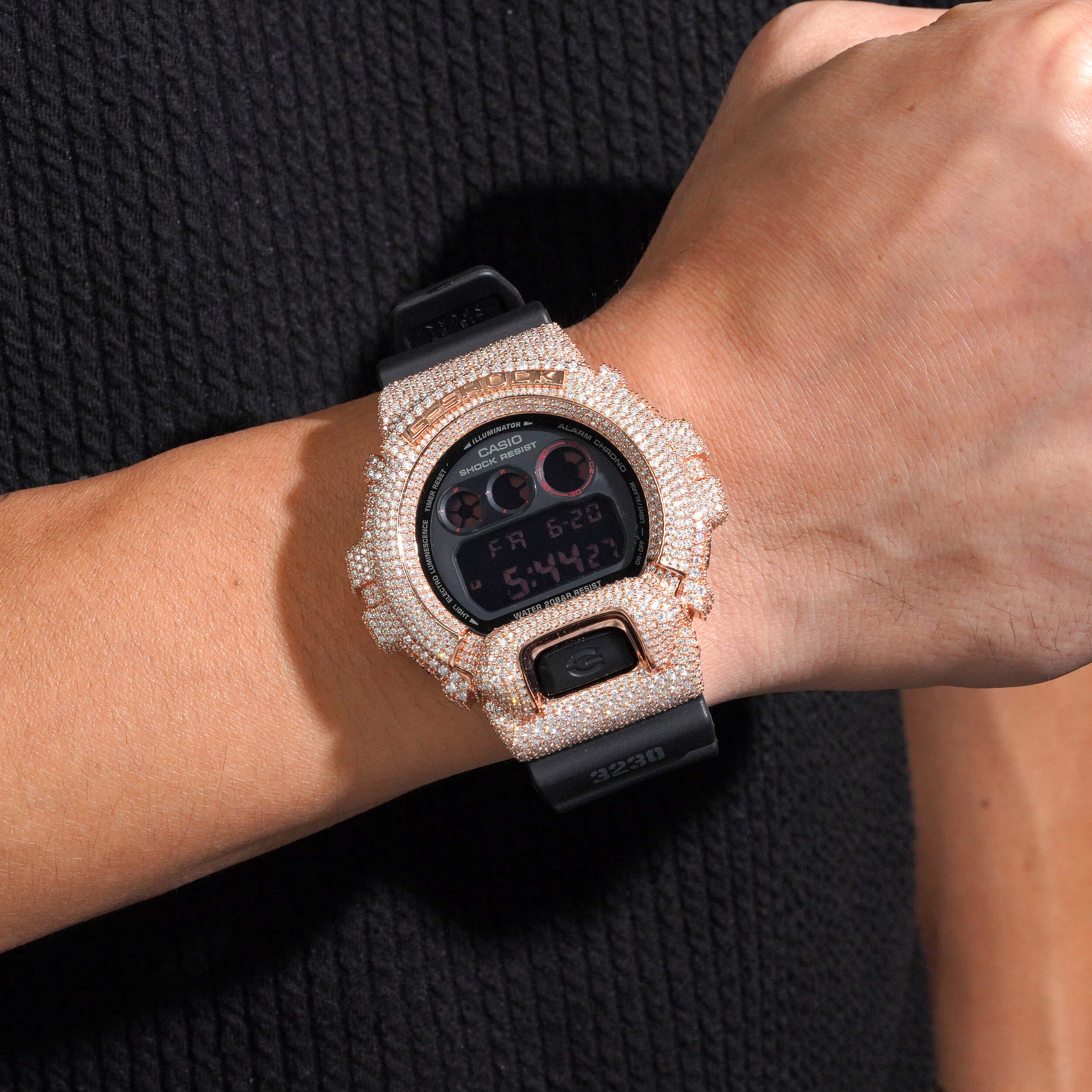 Custom Name G Shock DW6900 Moissanite Watches Case 14K Gold detail - The Real Jewelry Company