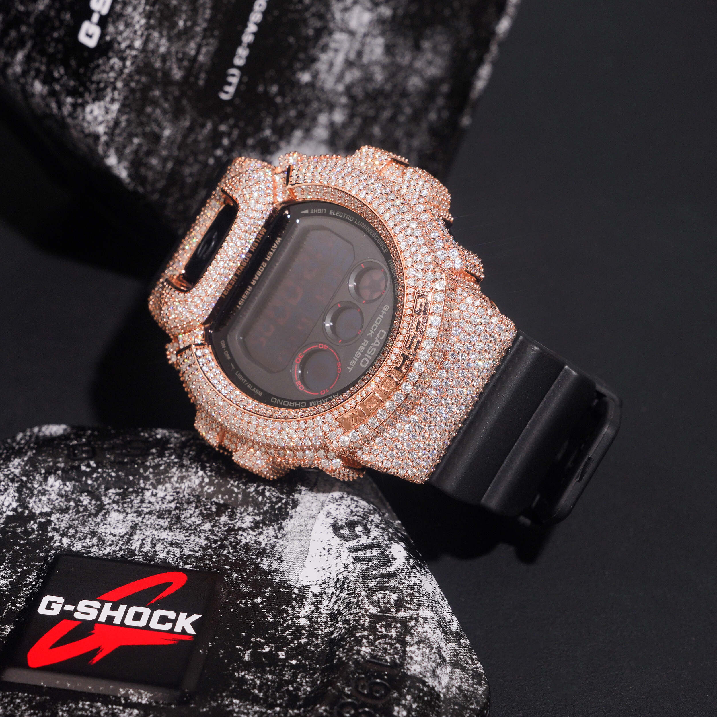 Custom Name G Shock DW6900 Moissanite Watches Case 14K Gold close-up - The Real Jewelry Company
