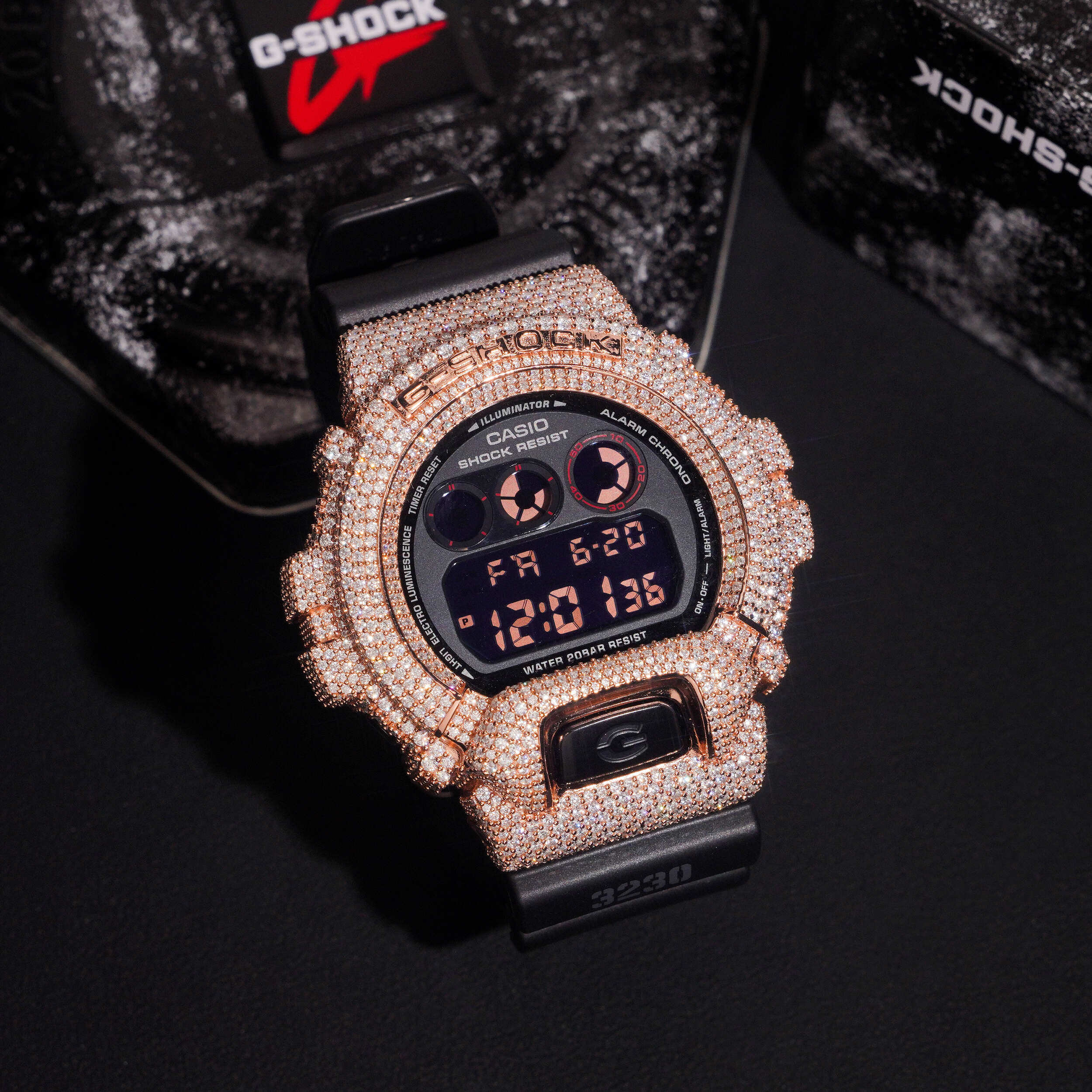 Custom Name G Shock DW6900 Moissanite Watches Case 14K Gold side view - The Real Jewelry Company