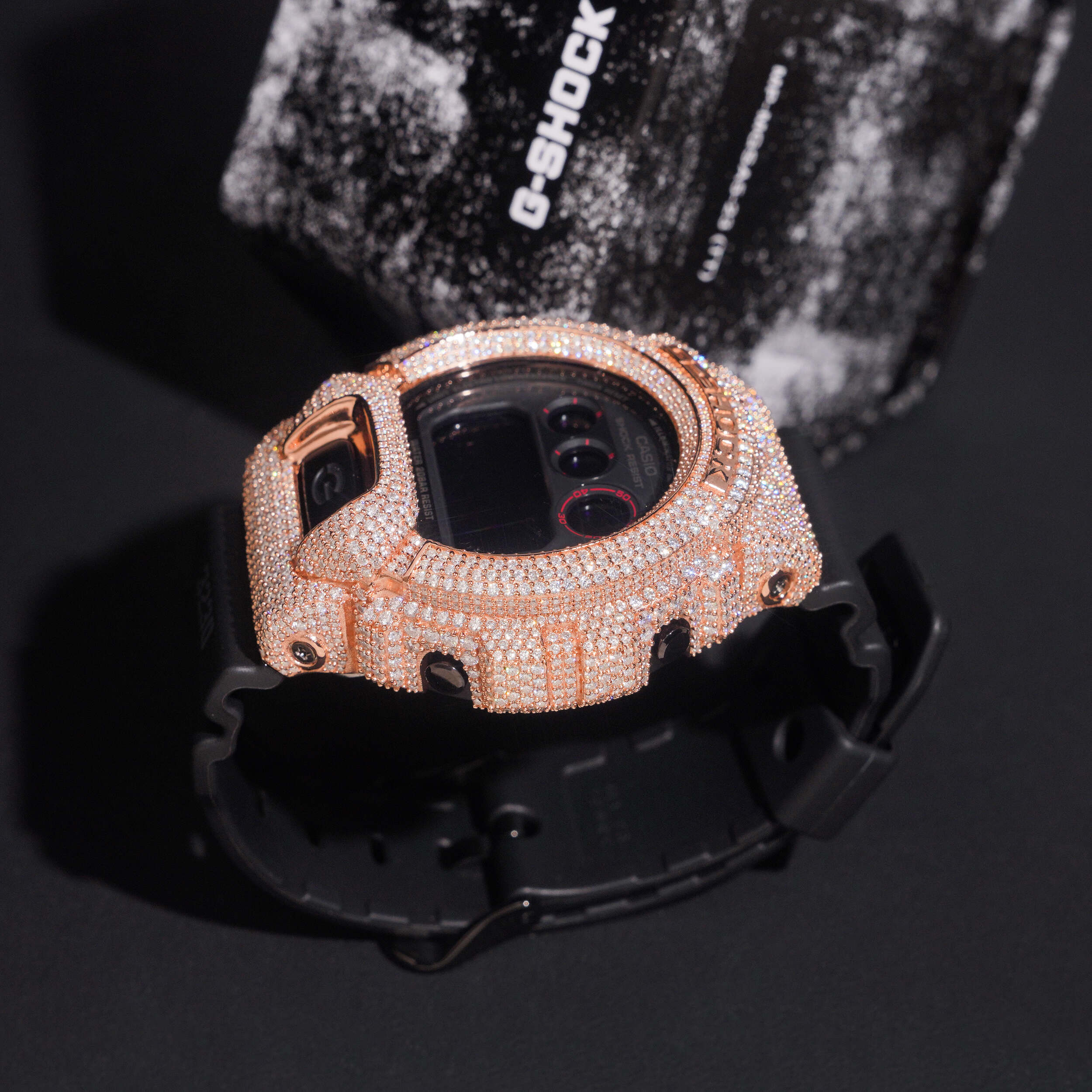 Custom Name G Shock DW6900 Moissanite Watches Case 14K Gold on model - The Real Jewelry Company