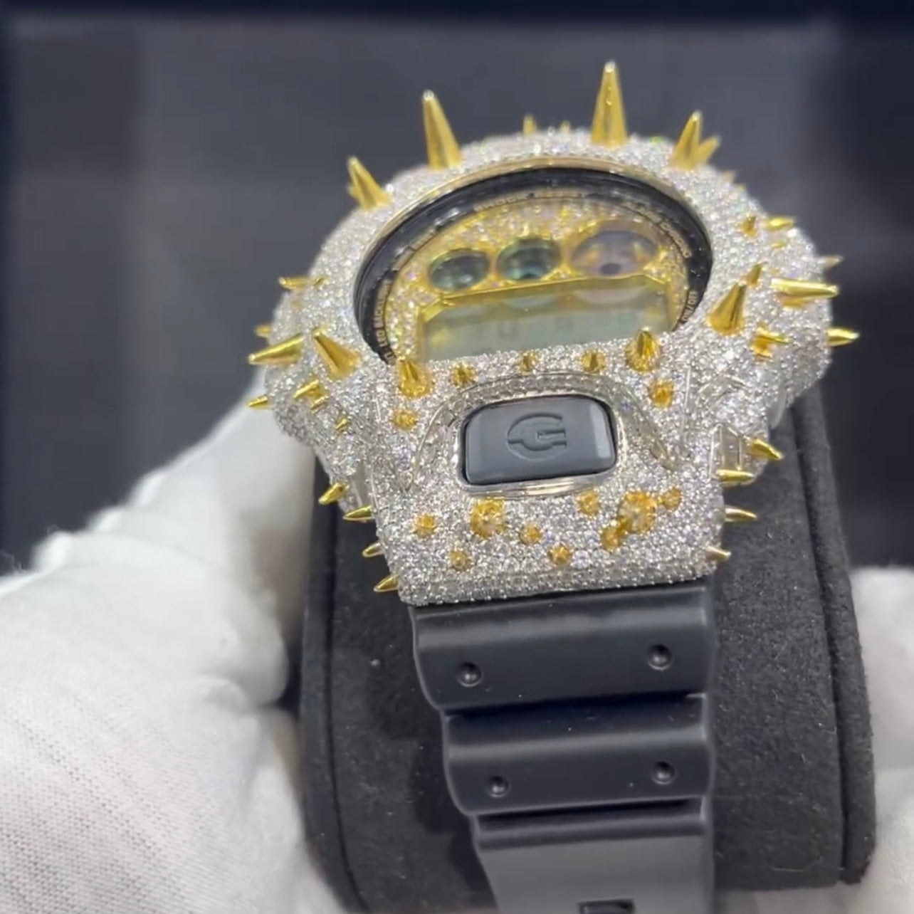 Custom Spike G Shock GA2100 Moissanite Watches Case 14K Gold close-up - The Real Jewelry Company