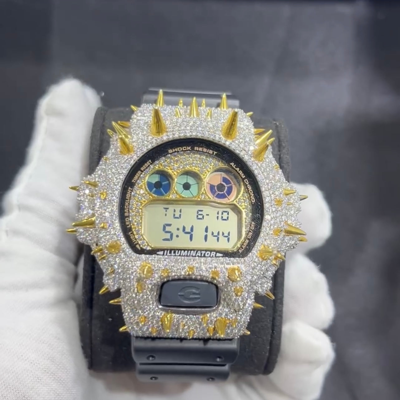 Custom Spike G Shock GA2100 Moissanite Watches Case 14K Gold side view - The Real Jewelry Company
