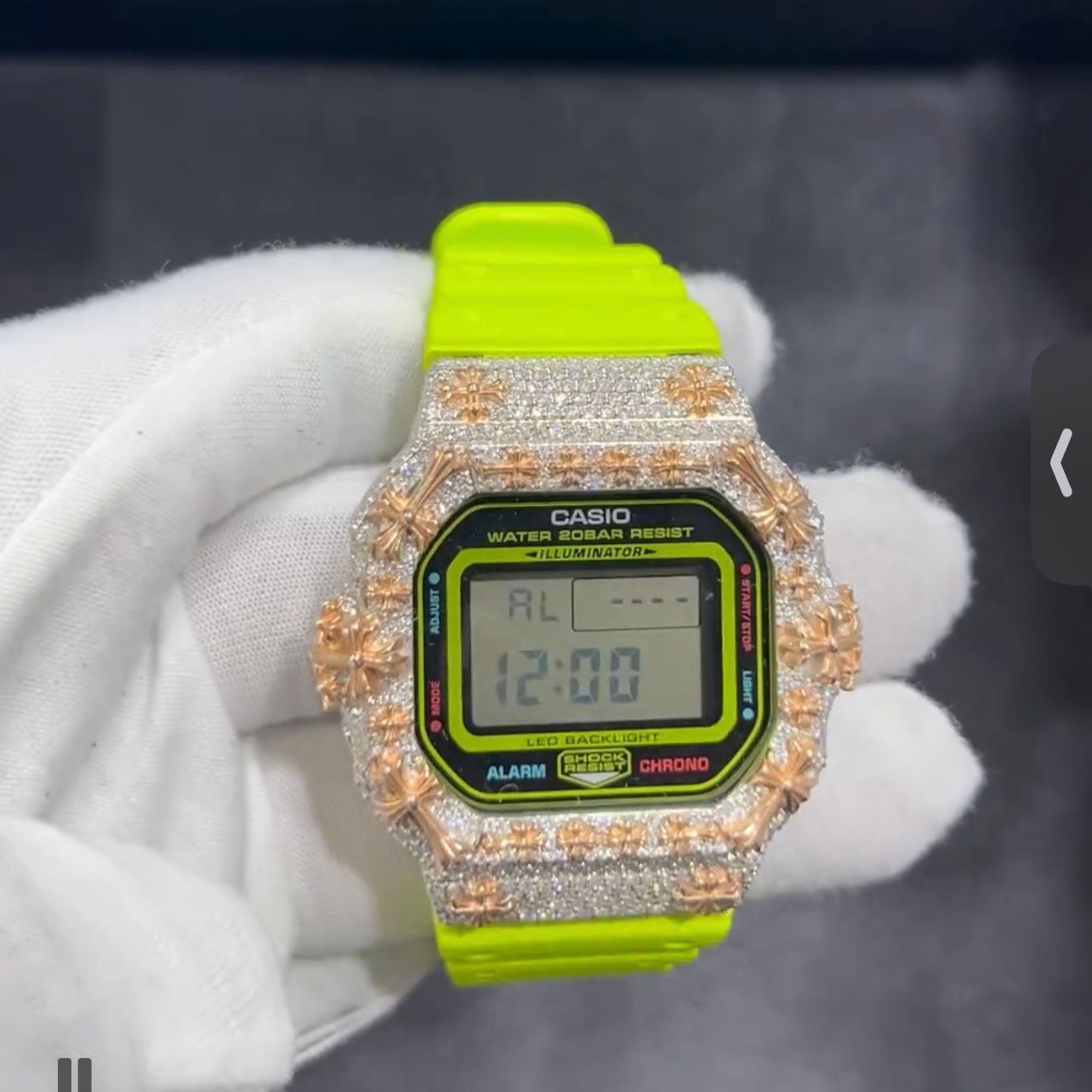 Custom Two Tone G Shock DW6900 Moissanite Watches Case 14K Gold close-up - The Real Jewelry Company